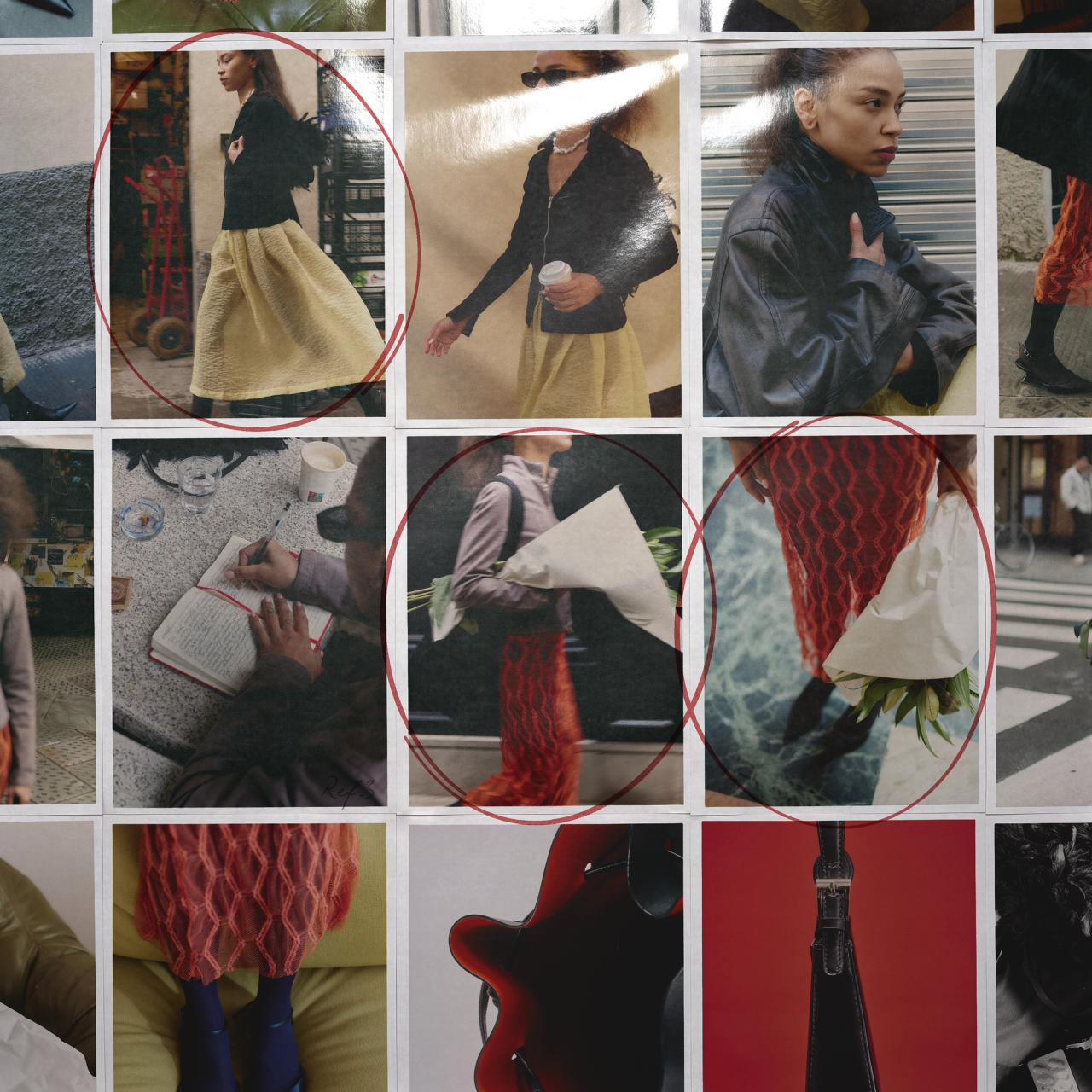 A grid of prints with three street shots circled in red