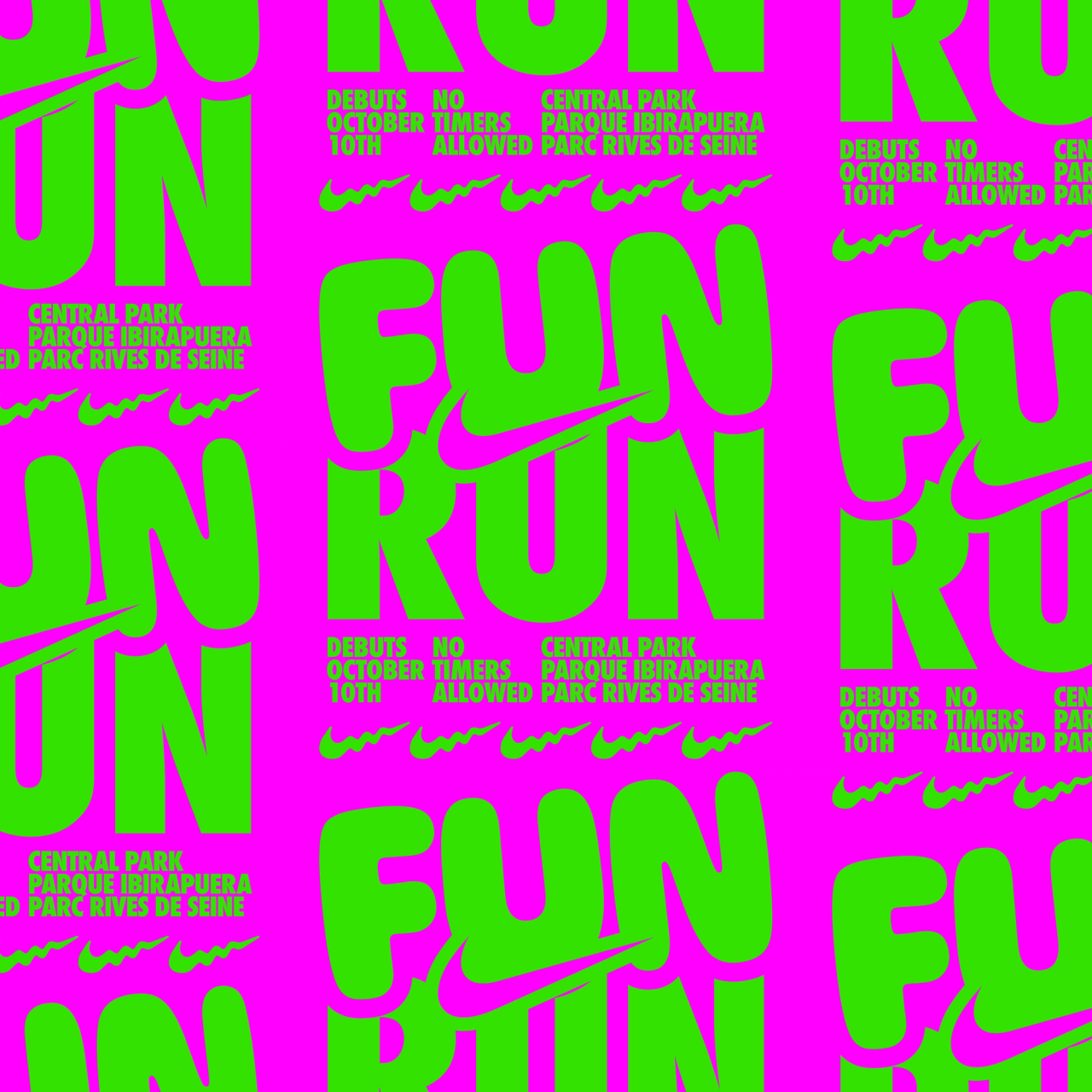Repeating Fun Run graphic in green on magenta, listing three parks and No Timers Allowed