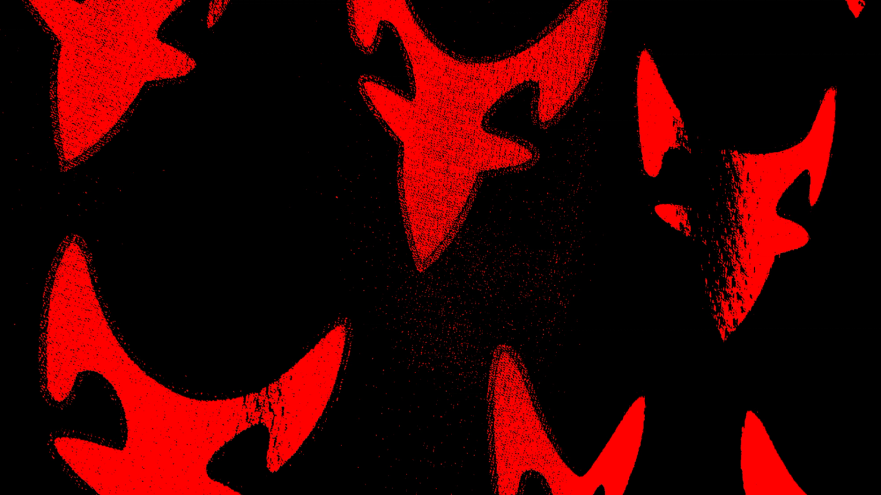 A grainy red halftone close-up of D2R horned logos on black