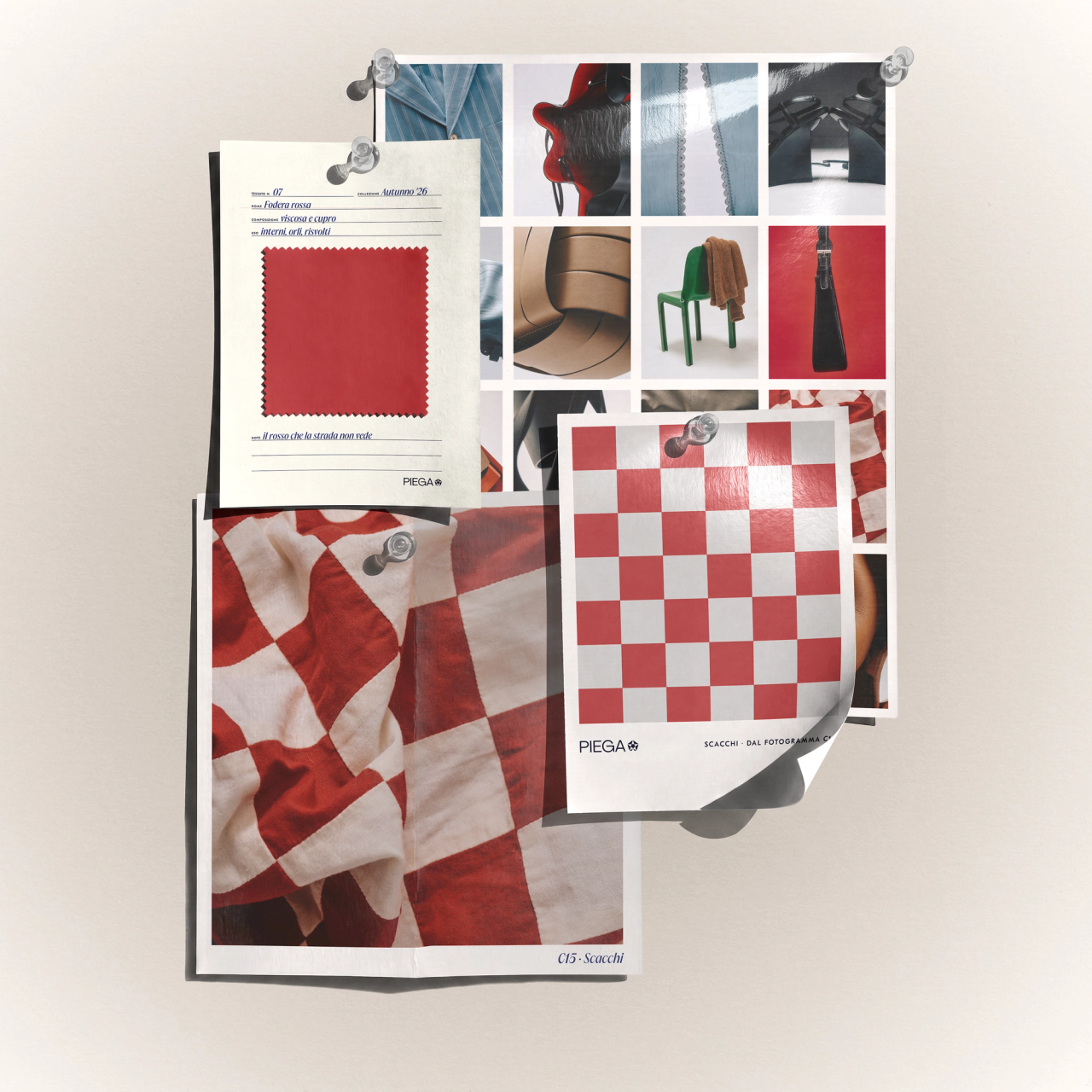 Pinned PIEGA moodboard with a red swatch card and red and white check prints