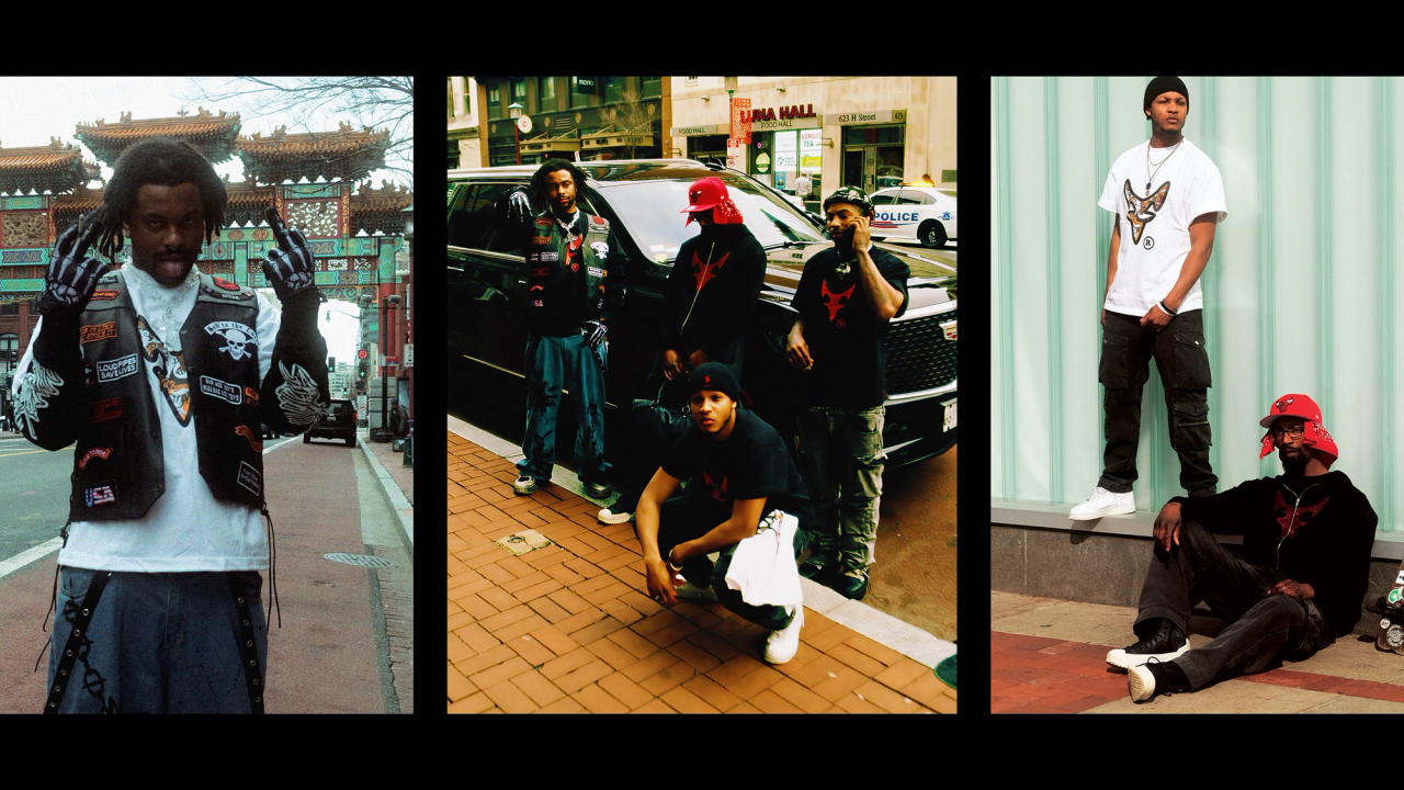 A D2R triptych of men posing by a Chinese-style gate, an SUV and a mint wall