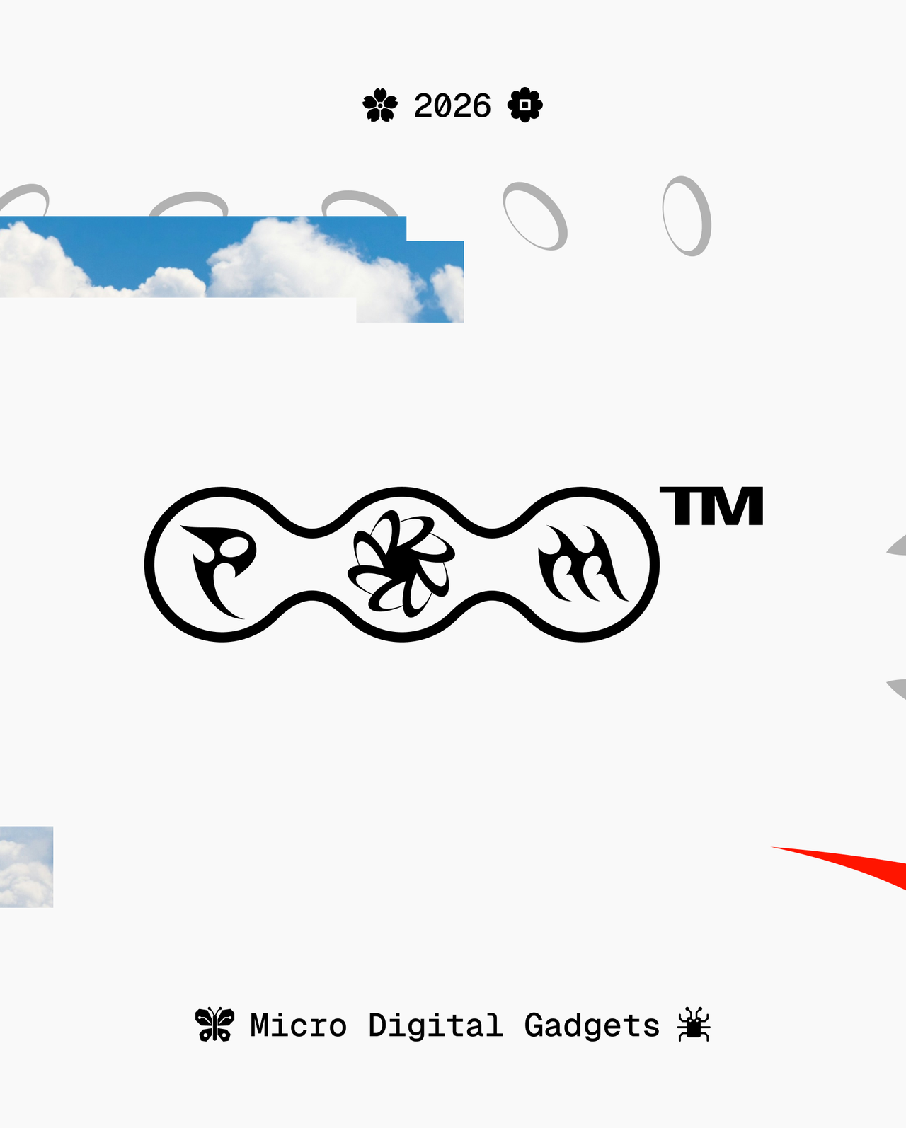 The PORTO MORTO mark on white with cloud strips, 2026 and the line Micro digital gadgets