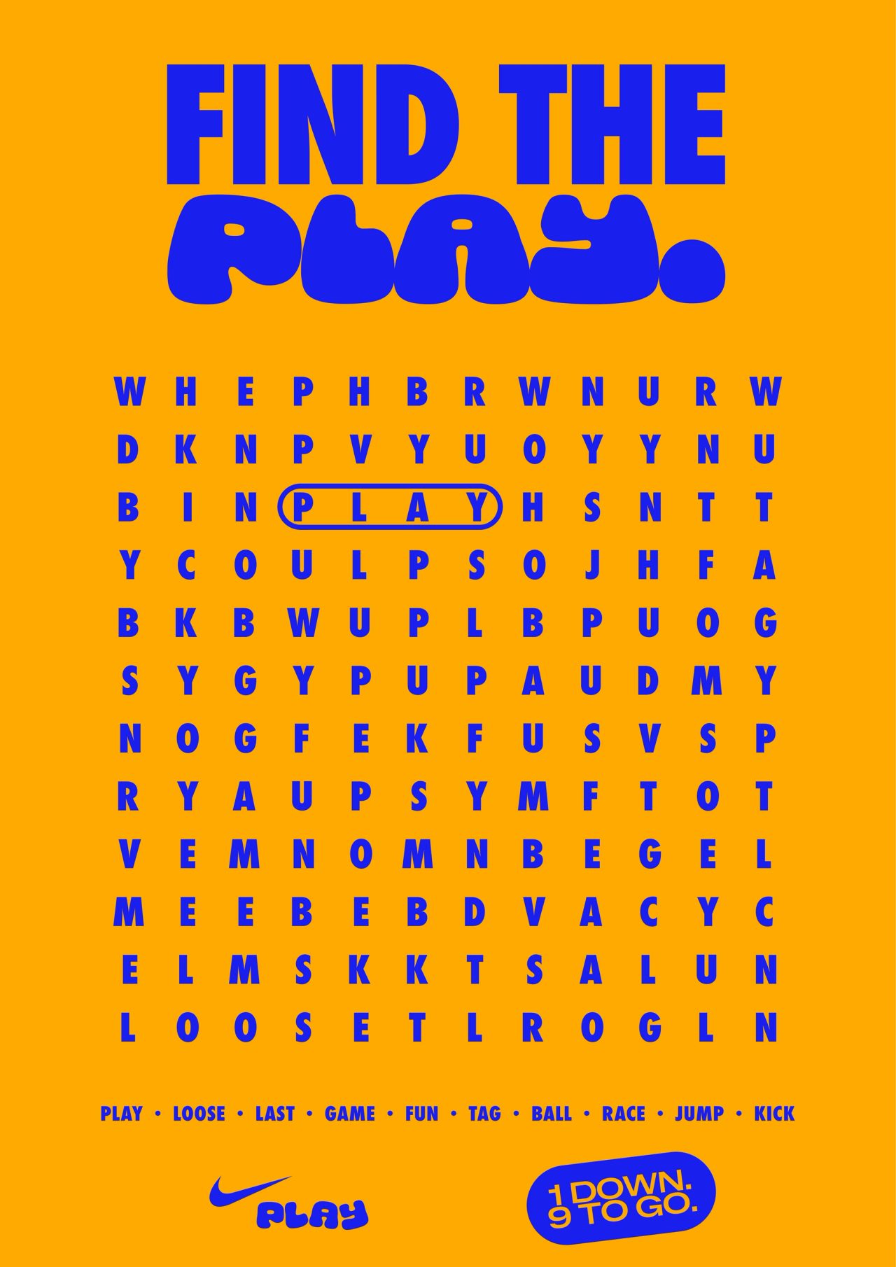 Blue-on-orange word search poster titled Find the Play, with PLAY circled in the grid
