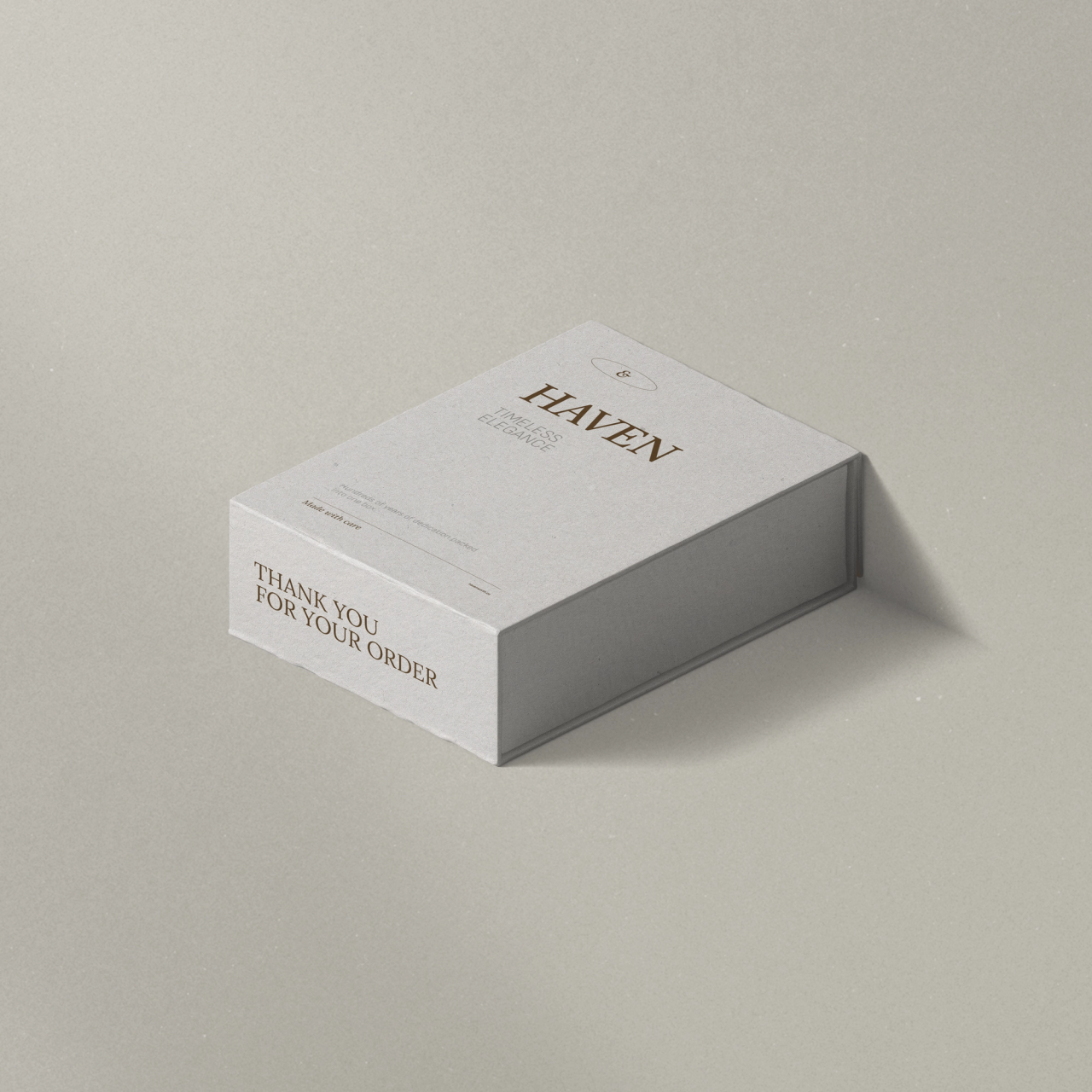 A pale grey HAVEN box reading Thank you for your order on the side
