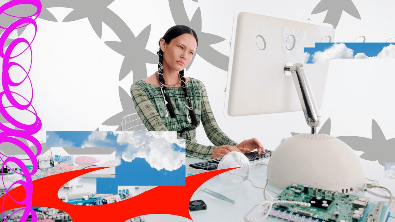 A woman in braids typing at a white desktop computer amid cloud and flame graphics