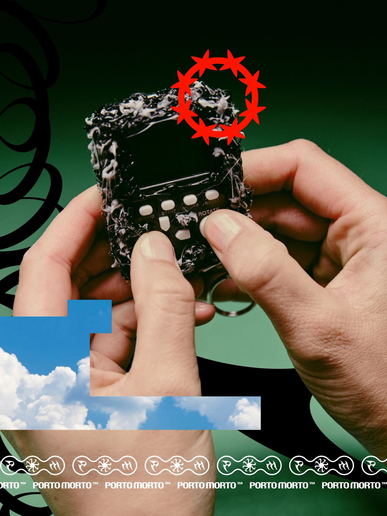 Two hands pressing buttons on a strand-wrapped black gadget above a band of PORTO MORTO logos