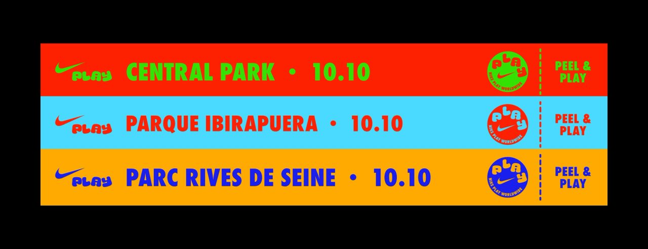 Three Nike Play Peel & Play strips naming Central Park, Parque Ibirapuera and Parc Rives de Seine