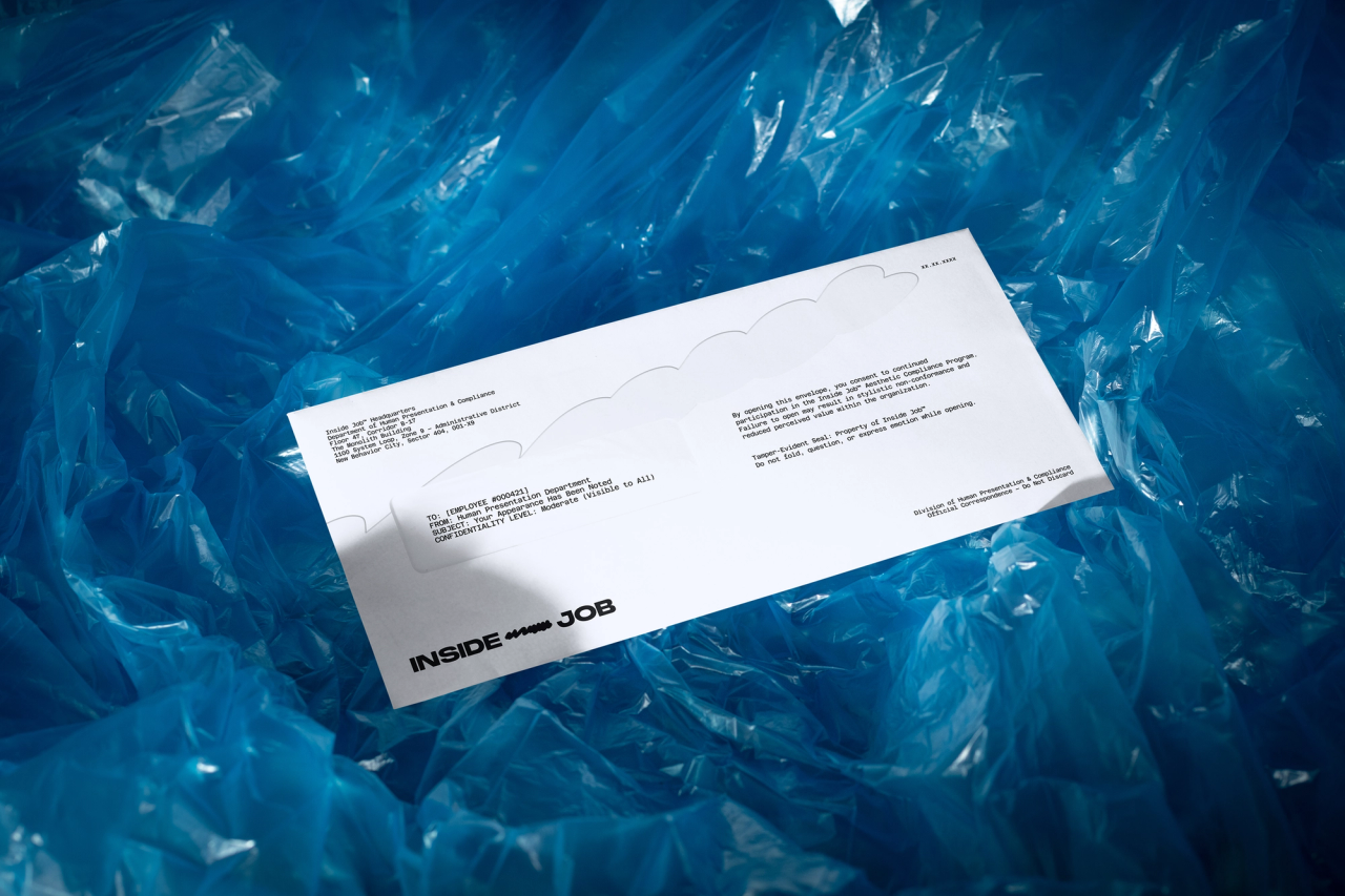 An Inside Job envelope with typewritten memo text on crumpled blue plastic