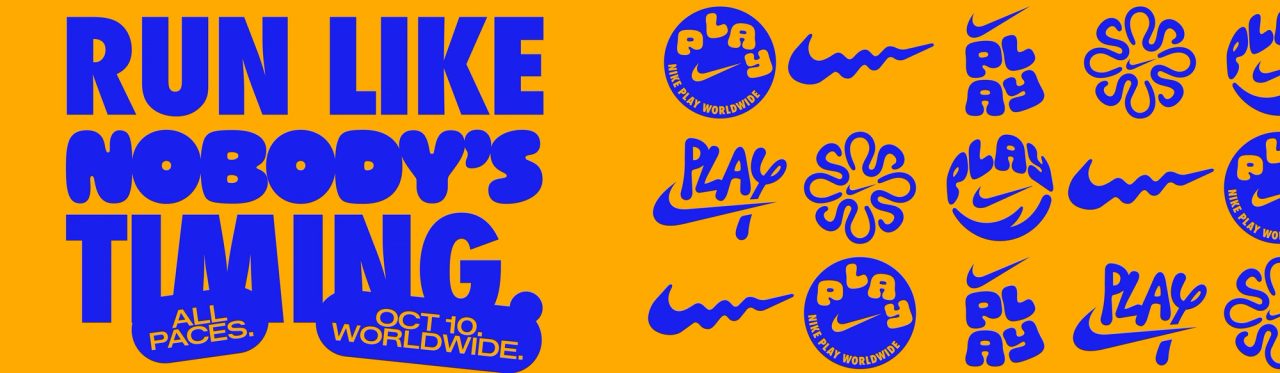 Wide orange banner reading Run Like Nobody's Timing, with a grid of Nike Play logos