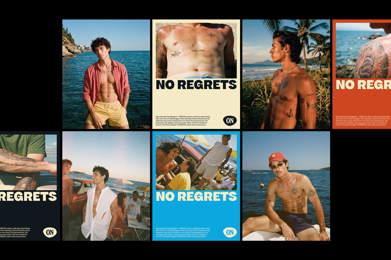 A grid of INKON "No regrets" posters and portraits of tattooed men by the sea