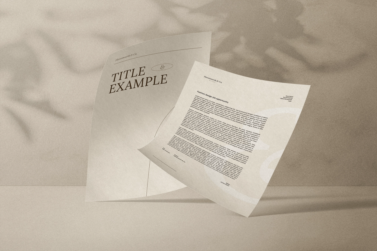 Letterhead and a title page with the Havenworth ampersand under leaf shadows