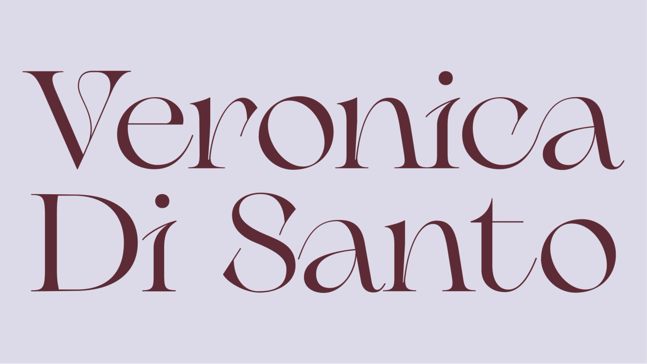 Veronica Di Santo wordmark stacked on two lines in burgundy on lavender