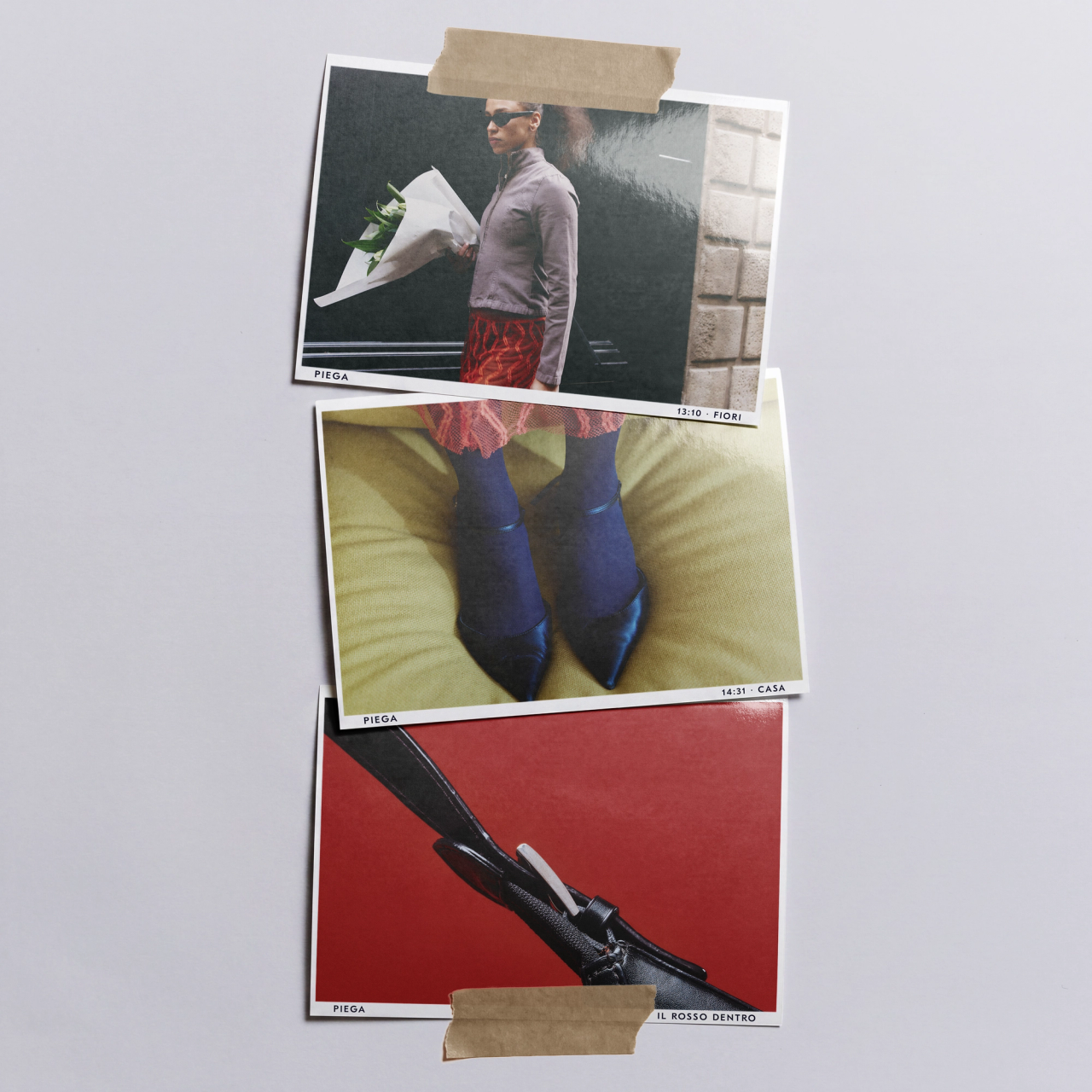 Three taped PIEGA prints of a woman with flowers, blue tights and a black bag