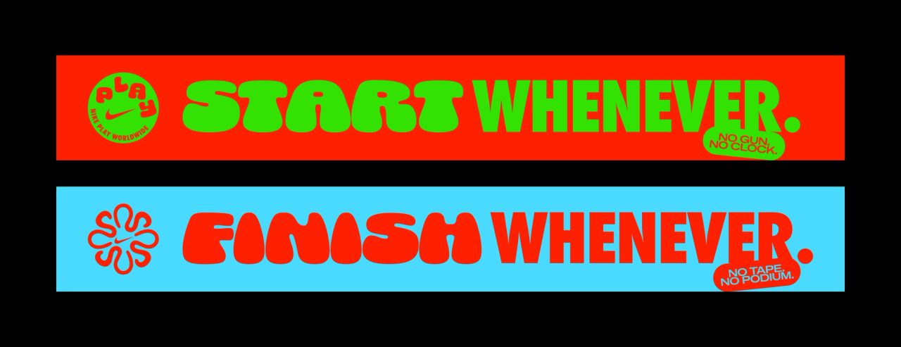 Two race banners reading Start Whenever and Finish Whenever, with a PLAY badge and flower mark