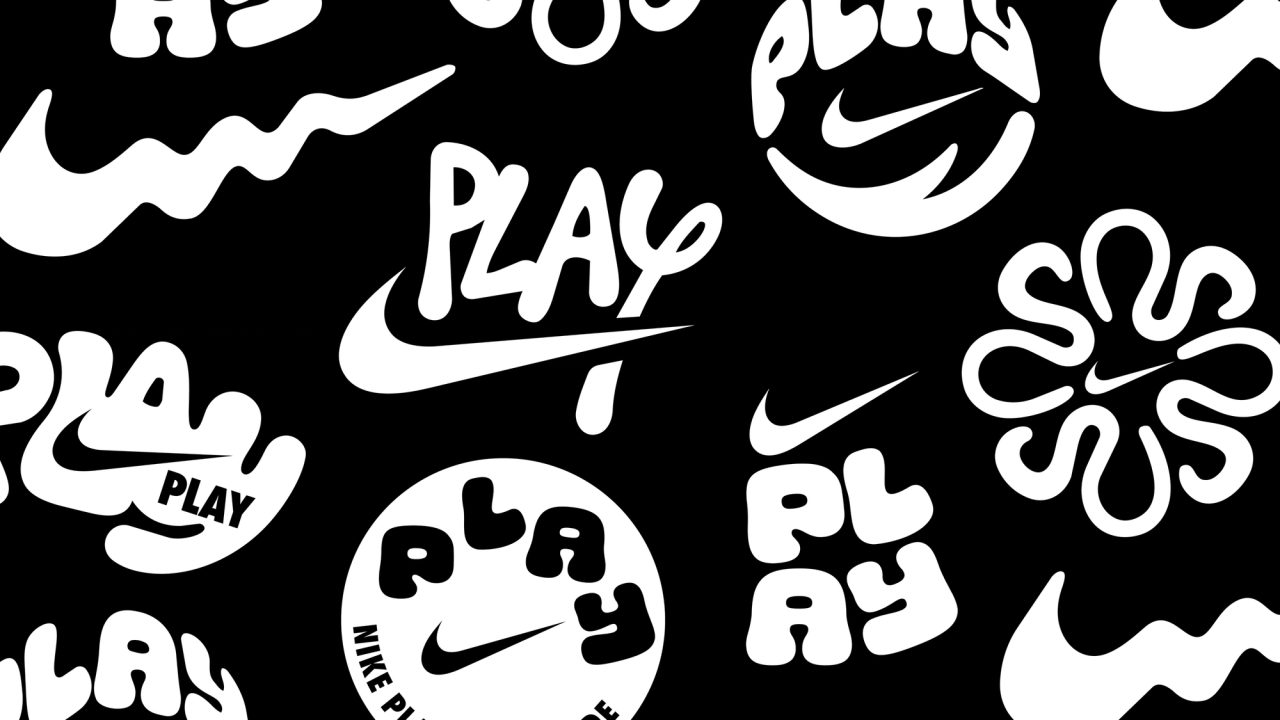 Nike Play logo sheet in white on black: wavy swooshes, PLAY badges, a flower mark