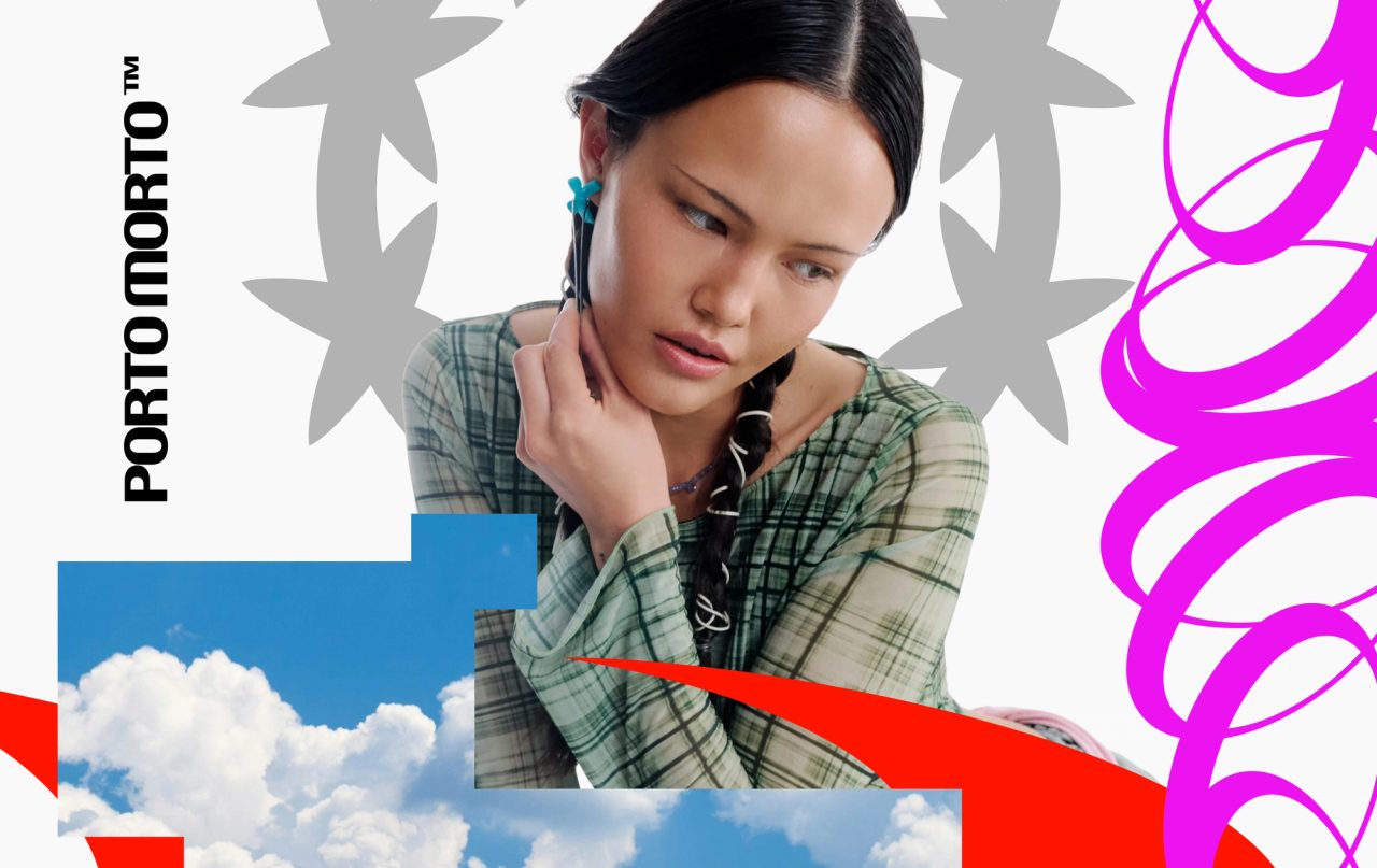 A woman in a plaid top touching her neck beside the vertical PORTO MORTO wordmark