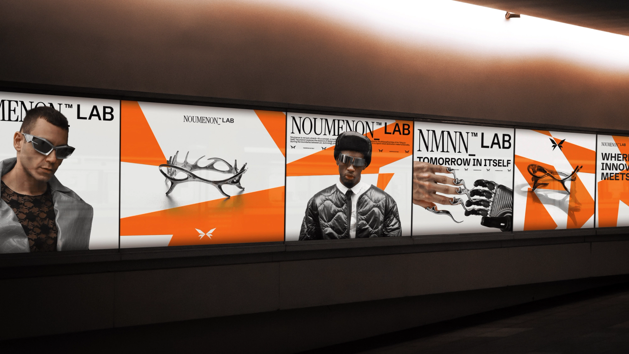 Backlit NOUMENON LAB posters along a dark corridor, with models in sunglasses and chrome accessories