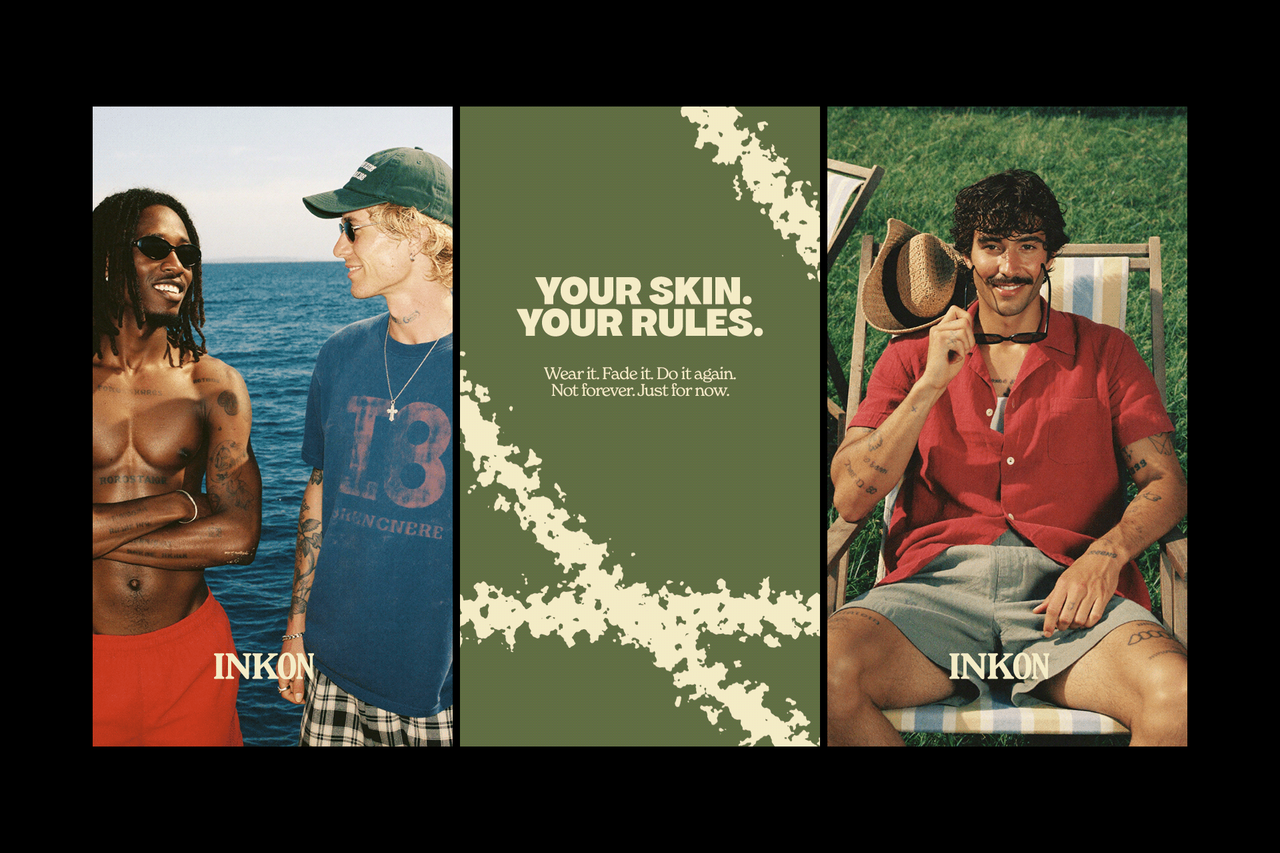 A green "Your skin. Your rules" panel between INKON portraits of tattooed men