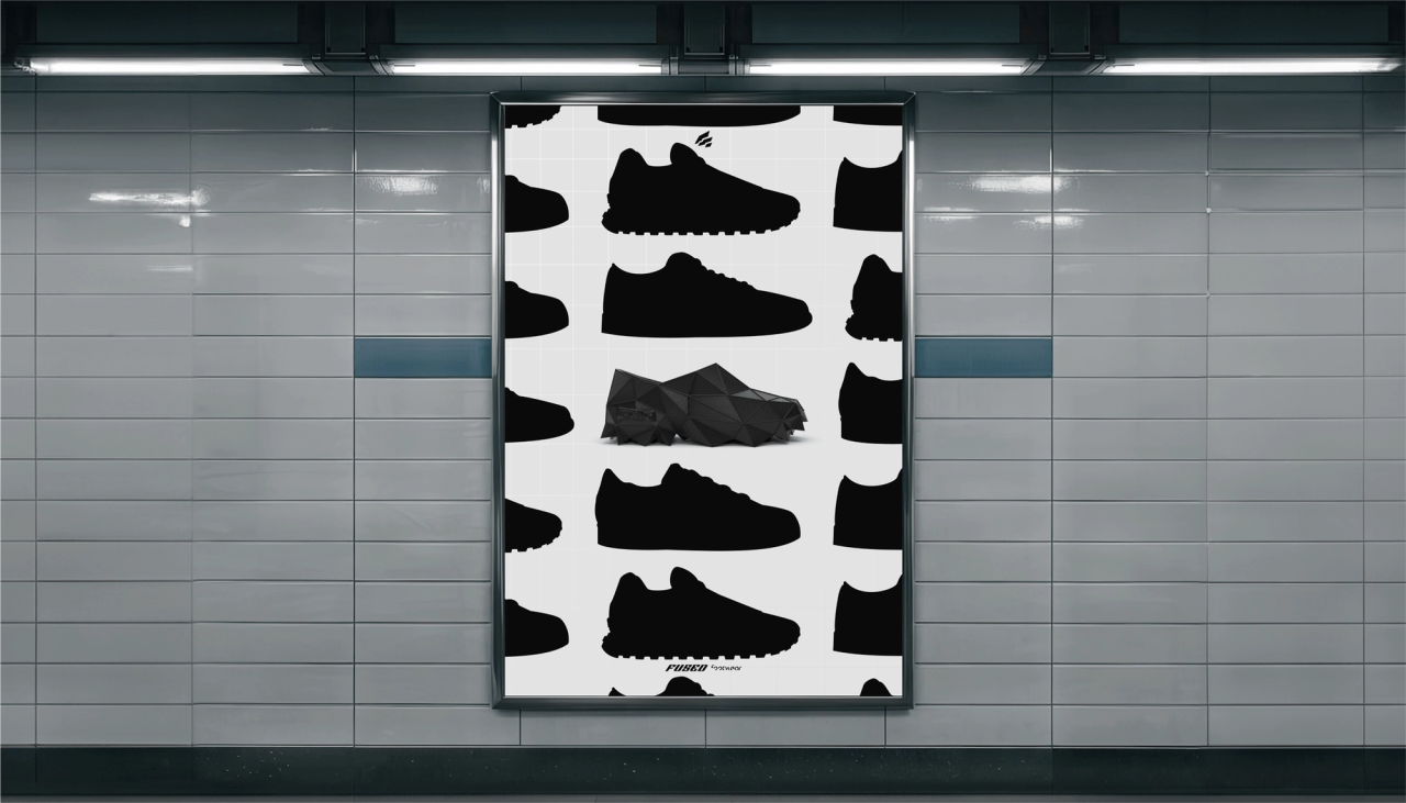 A Fused poster on a tiled wall, with black sneaker silhouettes around one faceted shoe