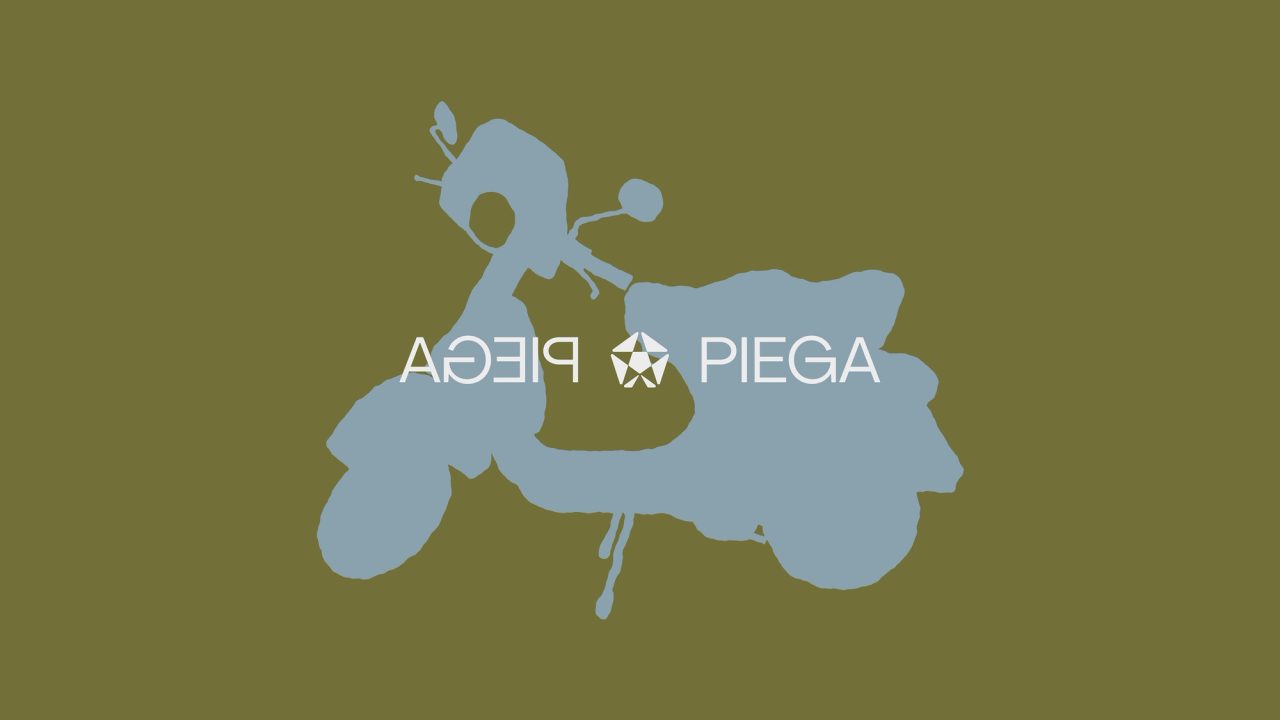 Mirrored PIEGA wordmark over a pale blue scooter silhouette on olive green