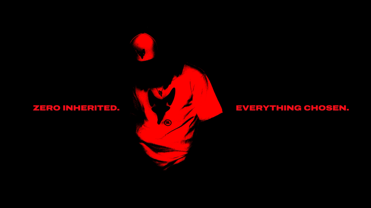A red-toned figure in a D2R tee between "Zero inherited" and "Everything chosen"