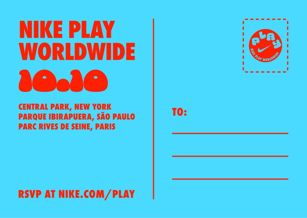 Sky-blue Nike Play Worldwide postcard for 10.10, listing New York, São Paulo and Paris