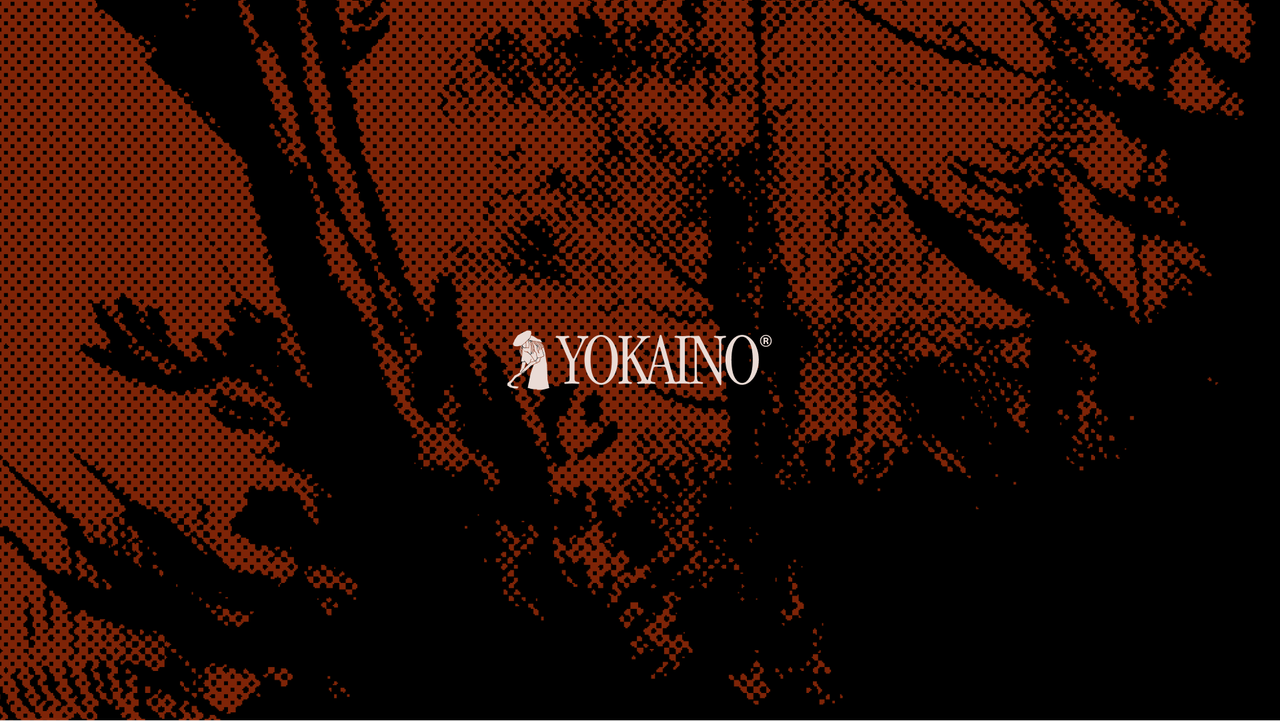The Yokaino logo over rust halftone foliage