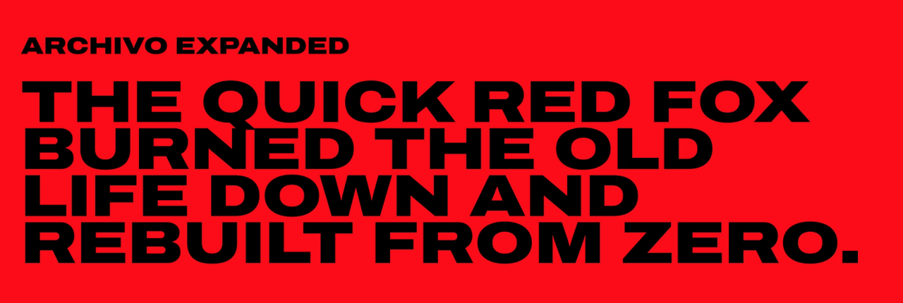 An Archivo Expanded type specimen in black capitals on a red field