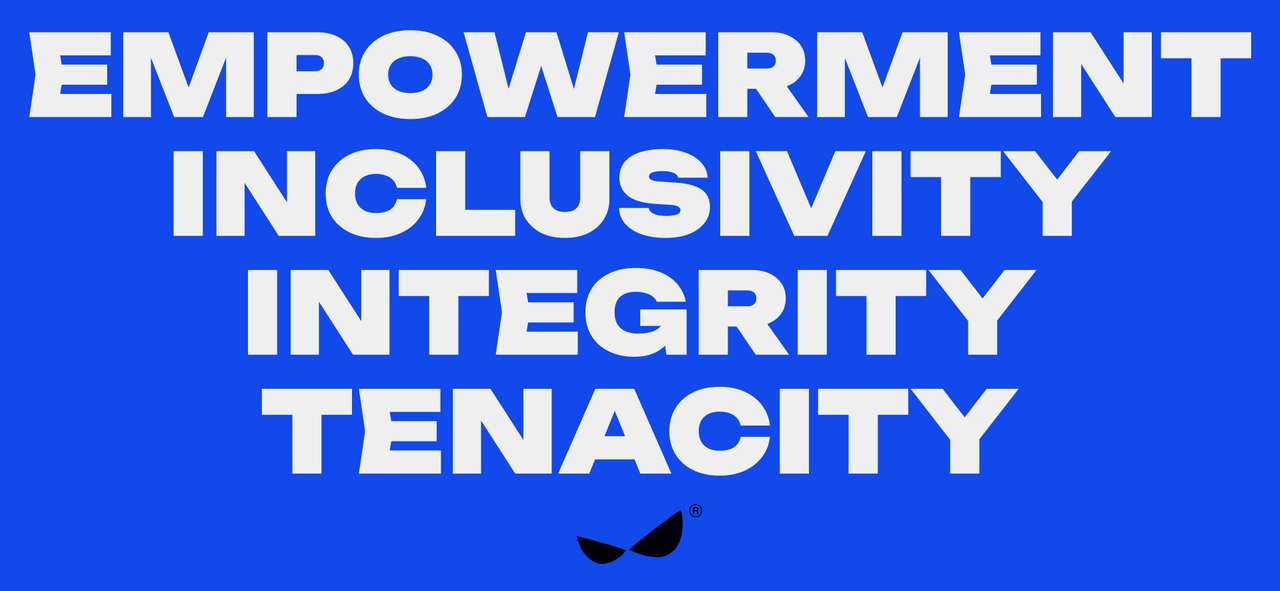 Casa de Héroes brand values in white on blue: empowerment, inclusivity, integrity, tenacity