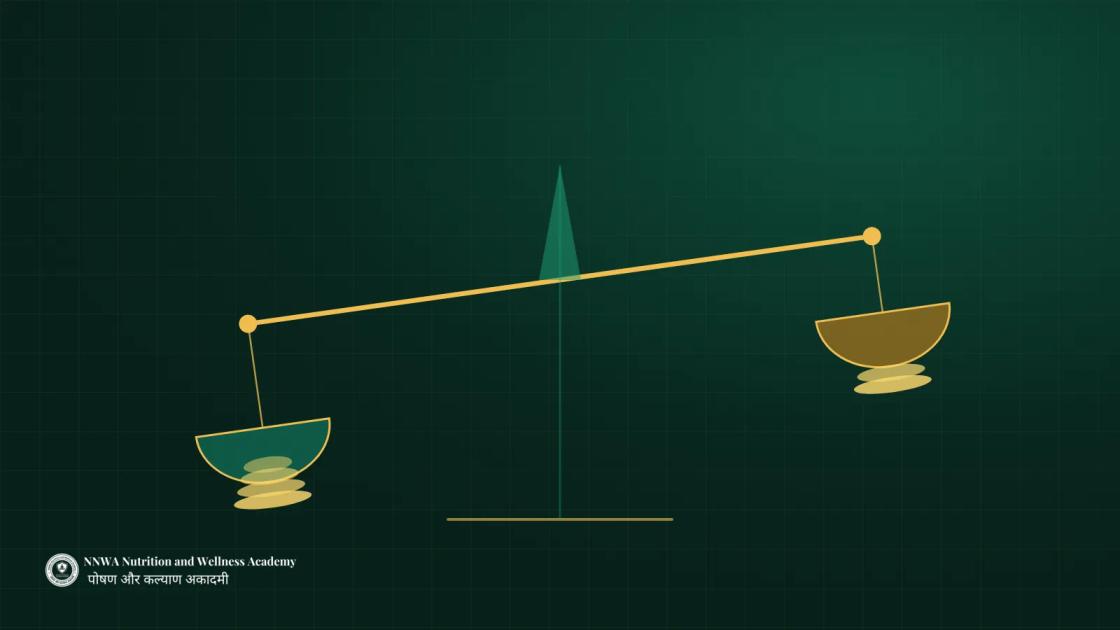 An abstract balance with two bowls, tipped to one side, drawn in brass on deep forest green, with the NNWA wordmark in the corner.
