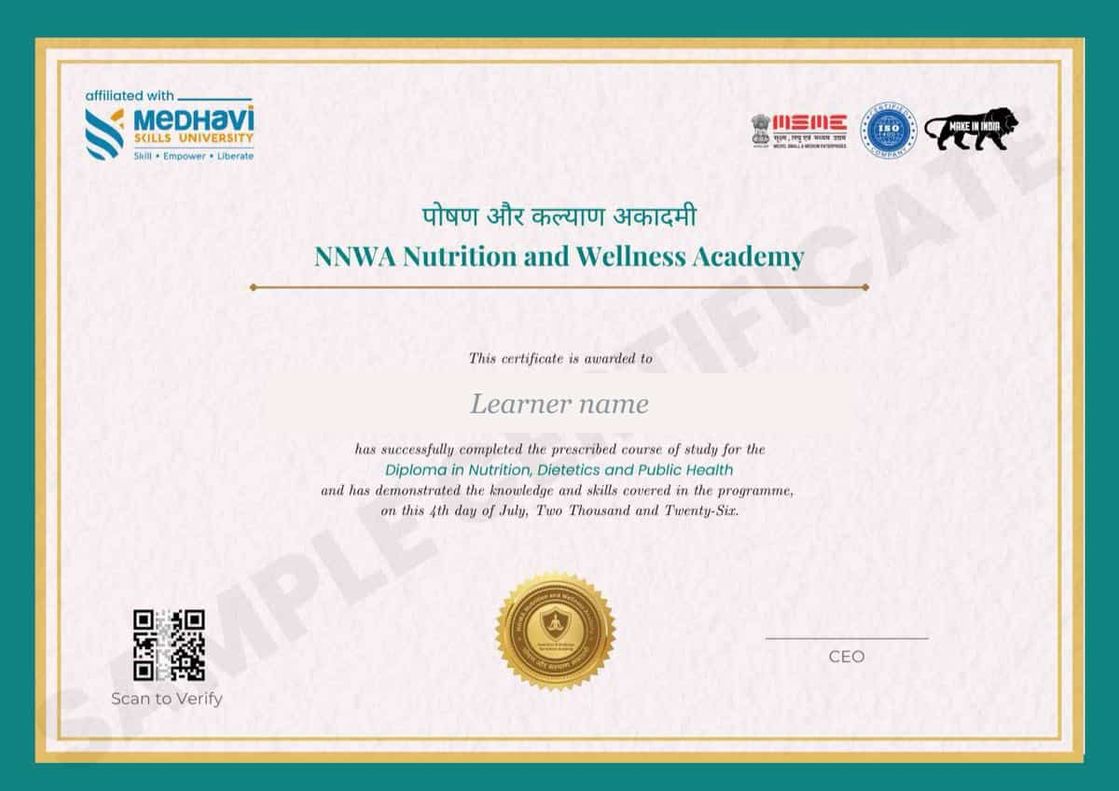The NNWA Diploma in Nutrition, Dietetics and Public Health certificate, showing the NCrF Level-4 skill award issued in association with Medhavi Skills University, Sikkim
