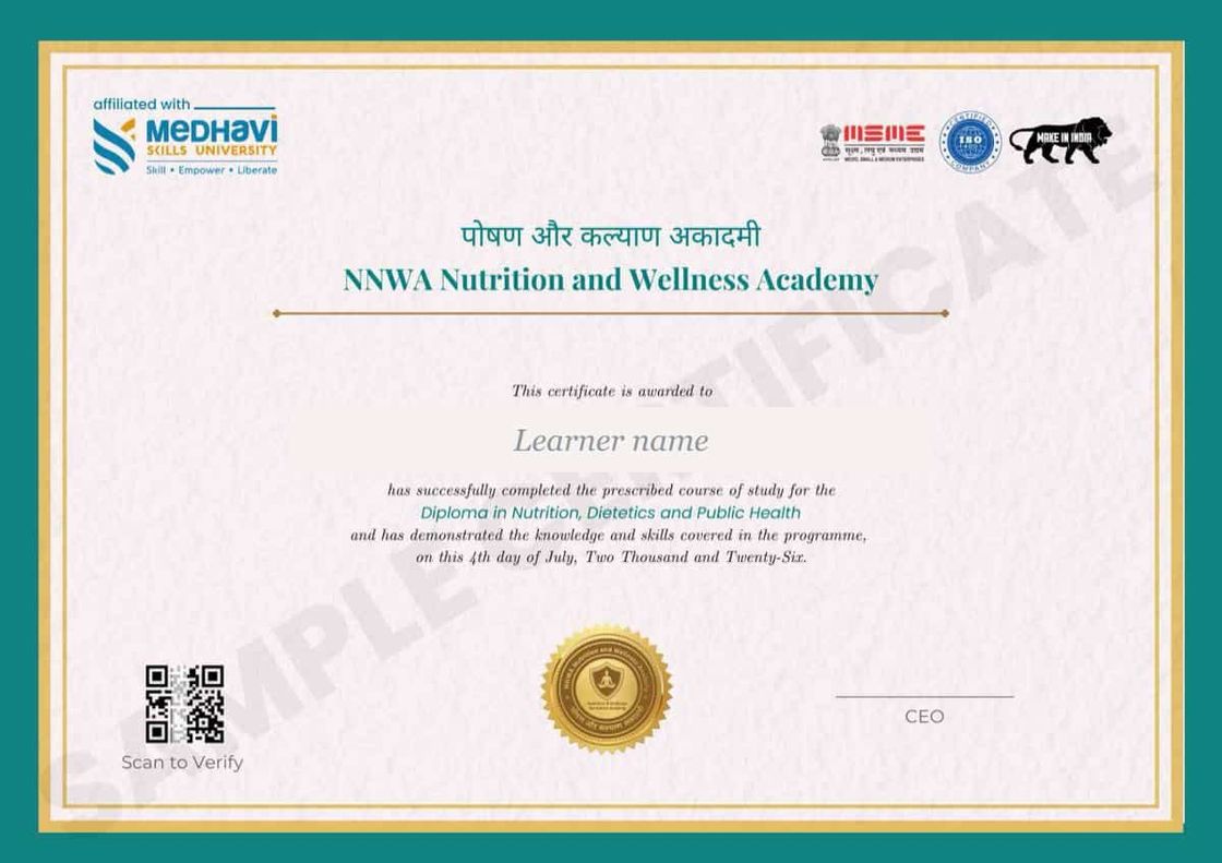 The NNWA Diploma in Nutrition, Dietetics and Public Health certificate, showing the NCrF Level-4 skill award issued in association with Medhavi Skills University, Sikkim