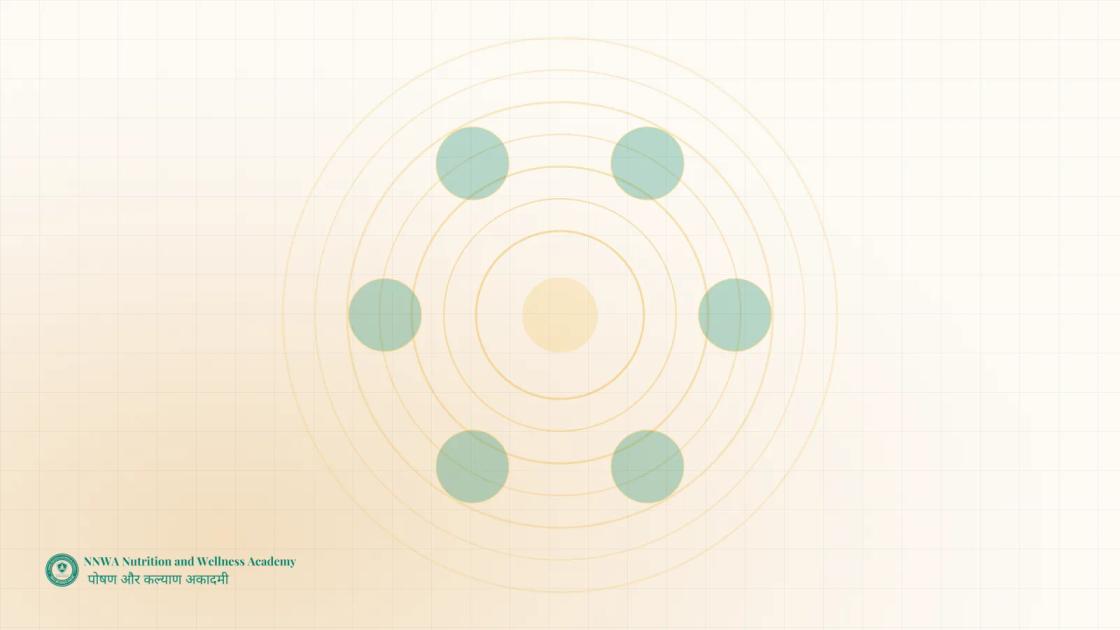 Concentric rings suggesting a thali with six bowls around a centre, drawn in brass on warm paper, with the NNWA wordmark in the corner.