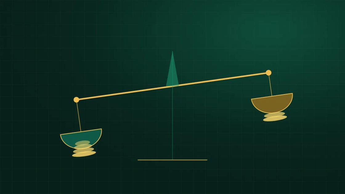 An abstract balance with two bowls, tipped to one side, drawn in brass on deep forest green, with the NNWA wordmark in the corner.