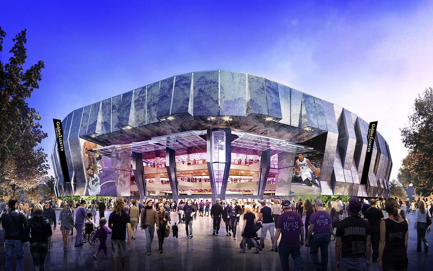 Golden 1 Center at night with Kings branding