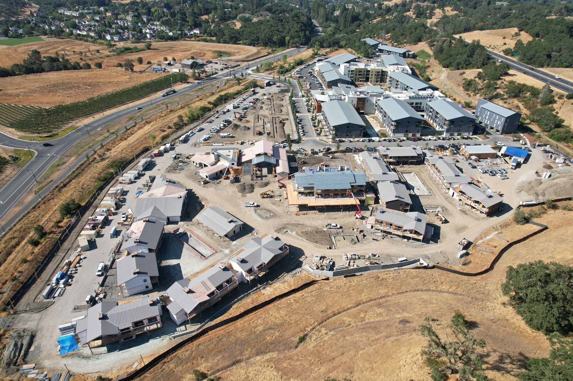 Aerial view of the Appellation Healdsburg construction in progress showing 65%+ completion 2