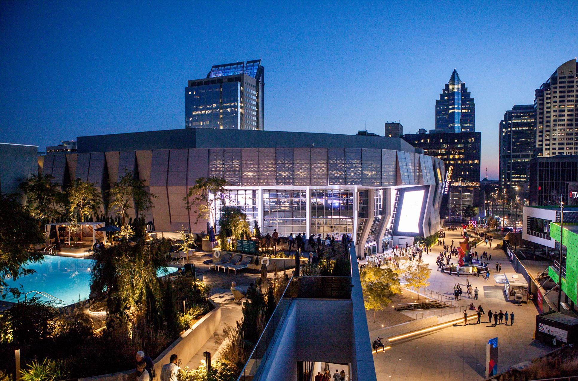 Aerial exterior view of the Golden 1 Center arena complex
