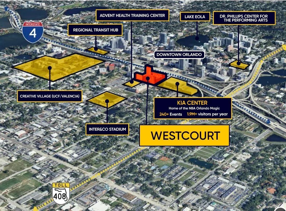 Map of Downtown Orlando showing proximity to Kia Center, Inter&Co Stadium, and other venues