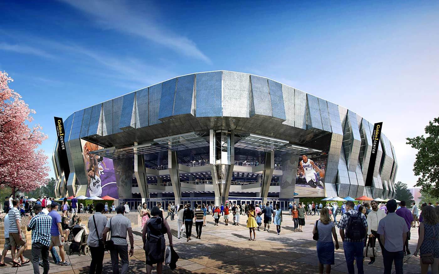 Golden 1 Center daytime exterior with Kings branding