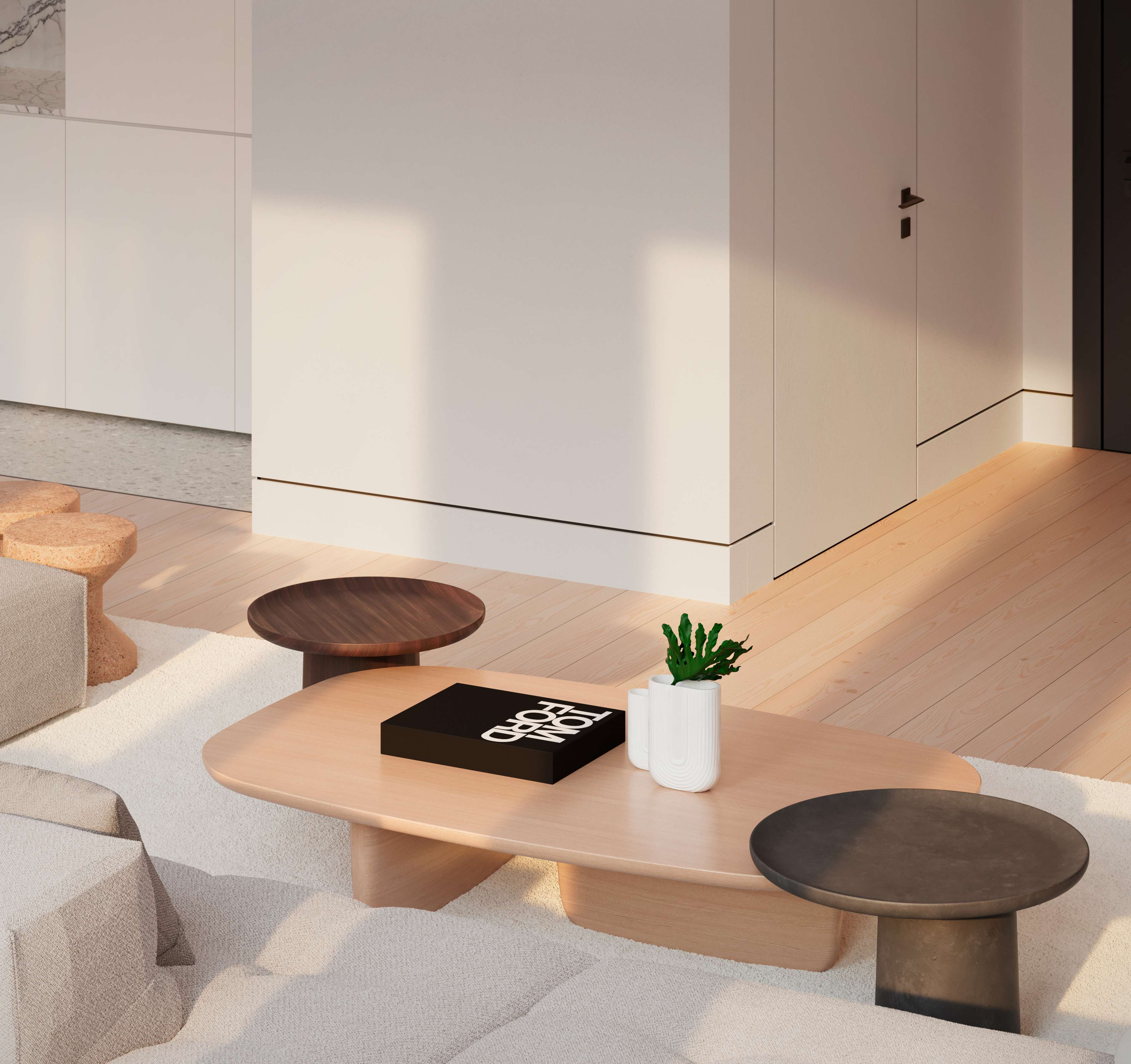 Render en primer plano de una mesa de centro de madera clara con una pequeña planta y un libro, junto a un sofá crema capitoné bajo luz cálida