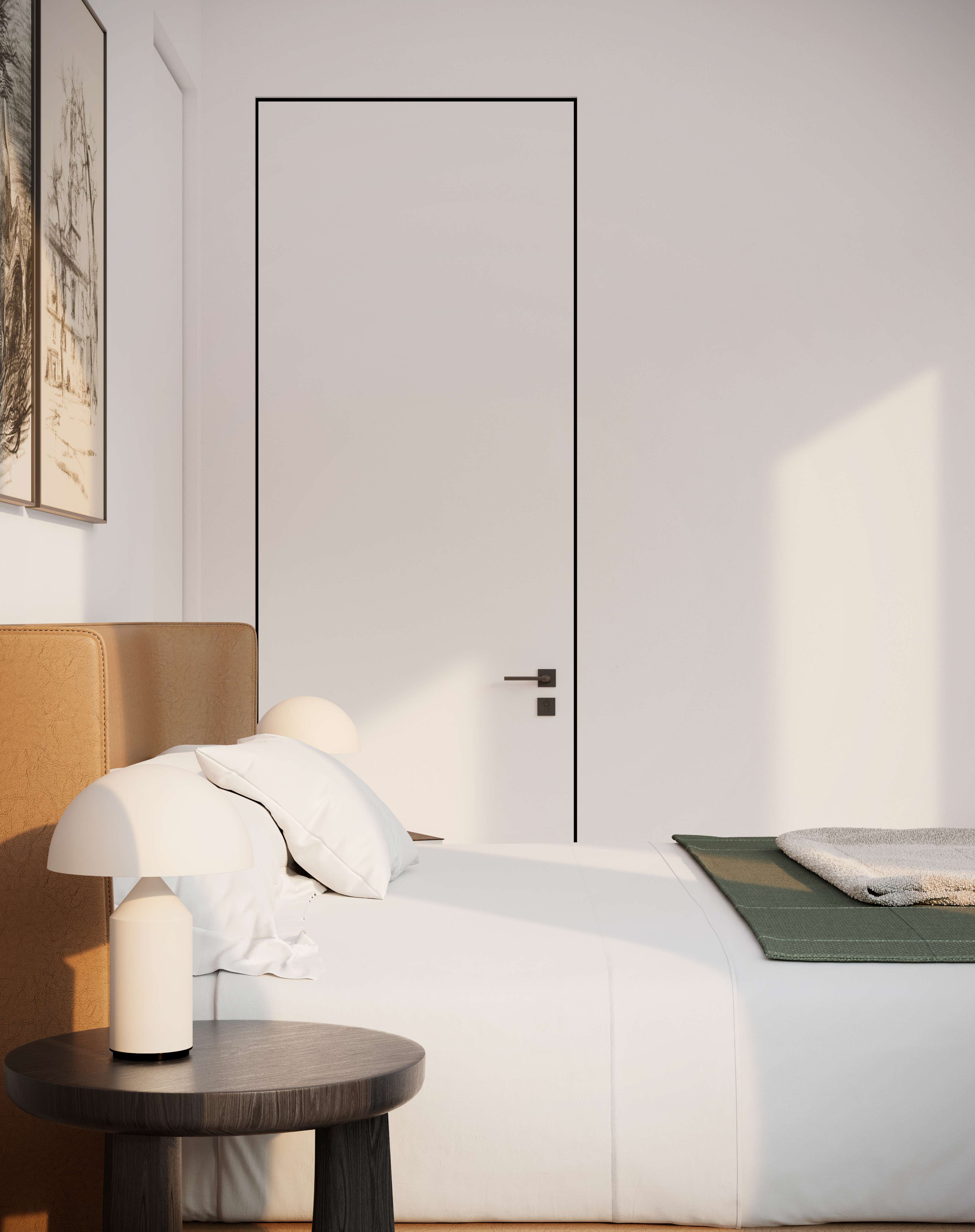Render de un rincón de dormitorio minimalista con un cabecero color camel, ropa de cama blanca con una manta verde y una lámpara de mesa suave sobre una mesa auxiliar redonda