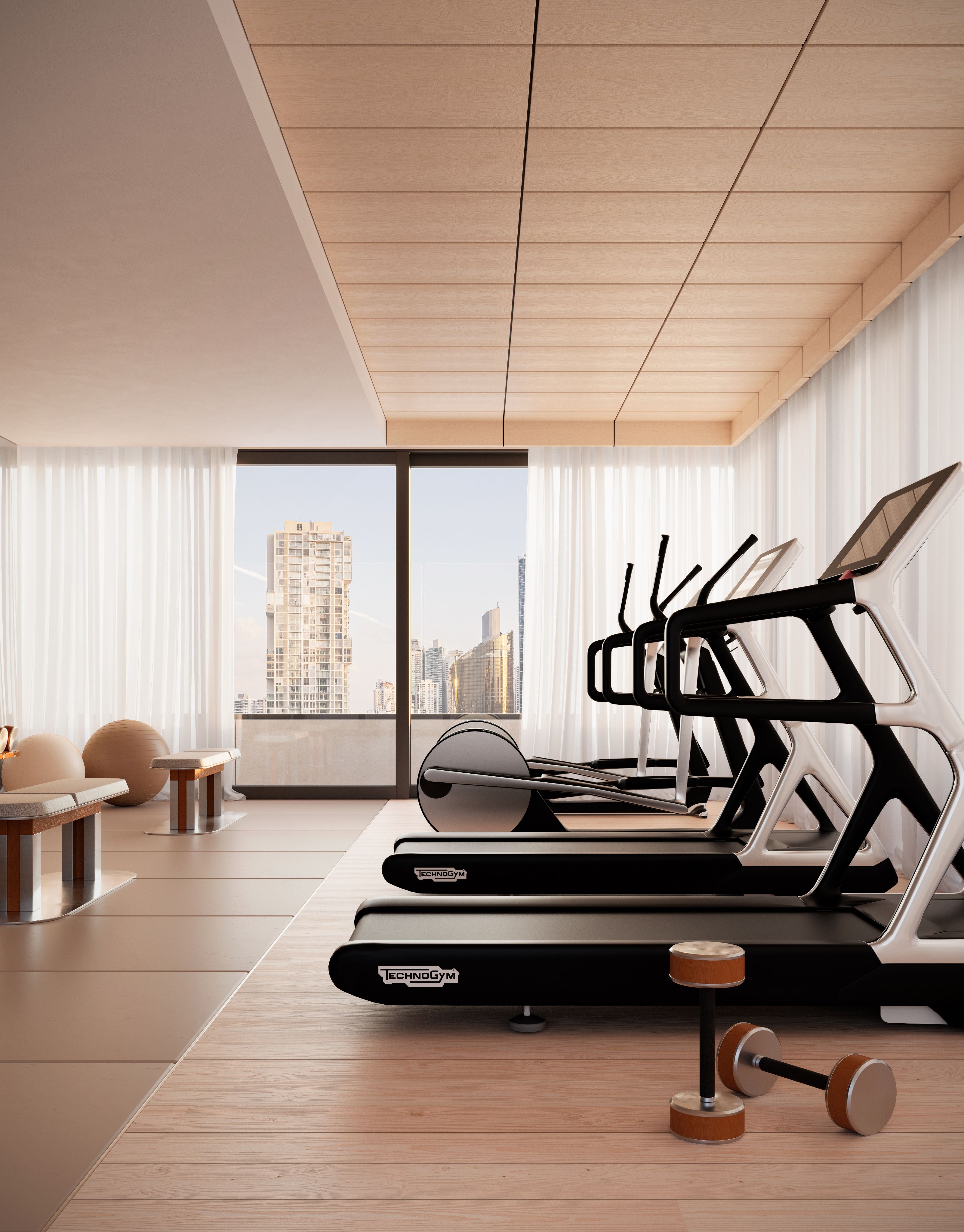 Render del gimnasio de Altana con una fila de caminadoras junto a ventanales con cortinas translúcidas y piso de madera cálida