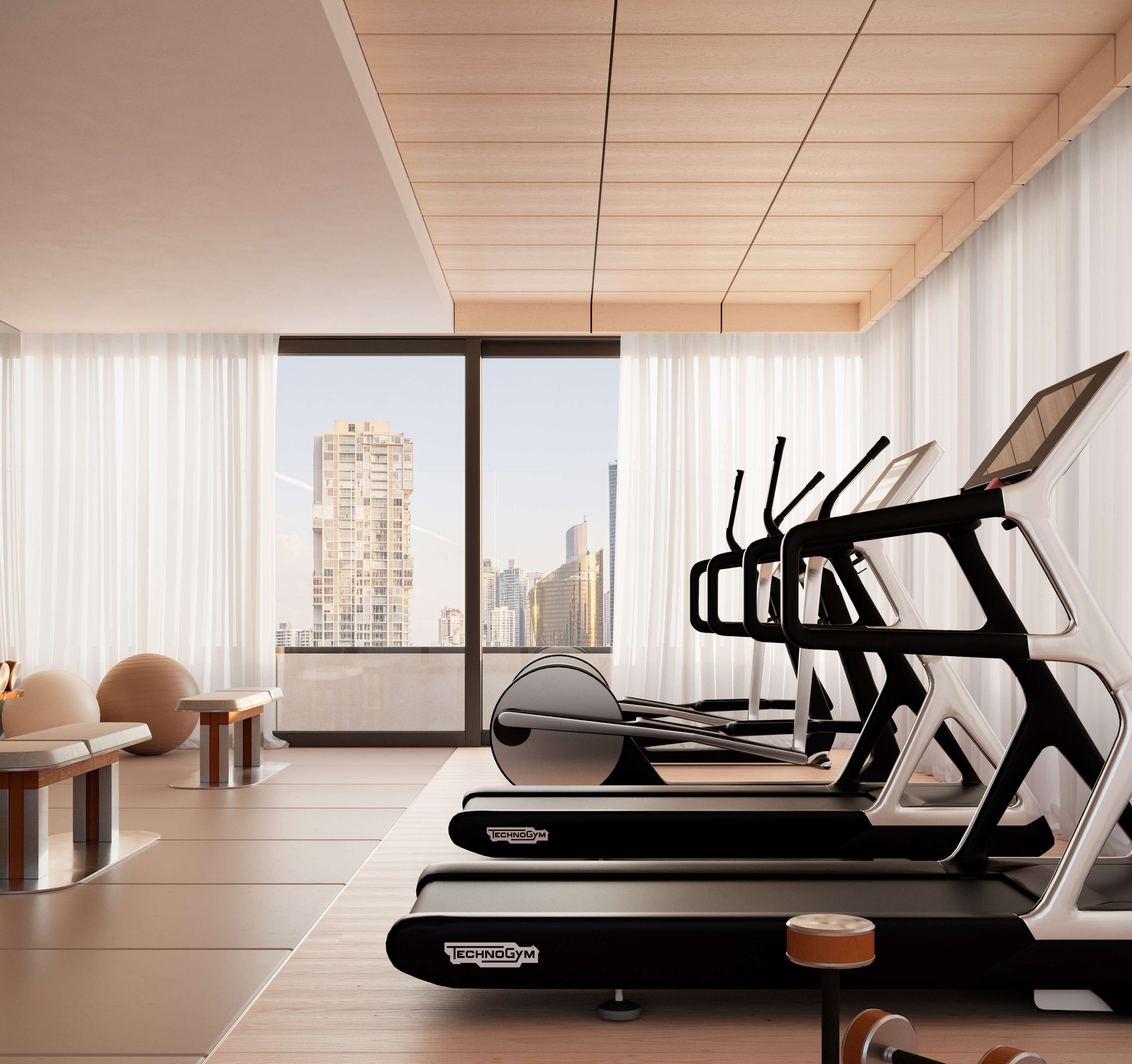 Render del gimnasio de Altana con una fila de caminadoras junto a ventanales con cortinas translúcidas y piso de madera cálida