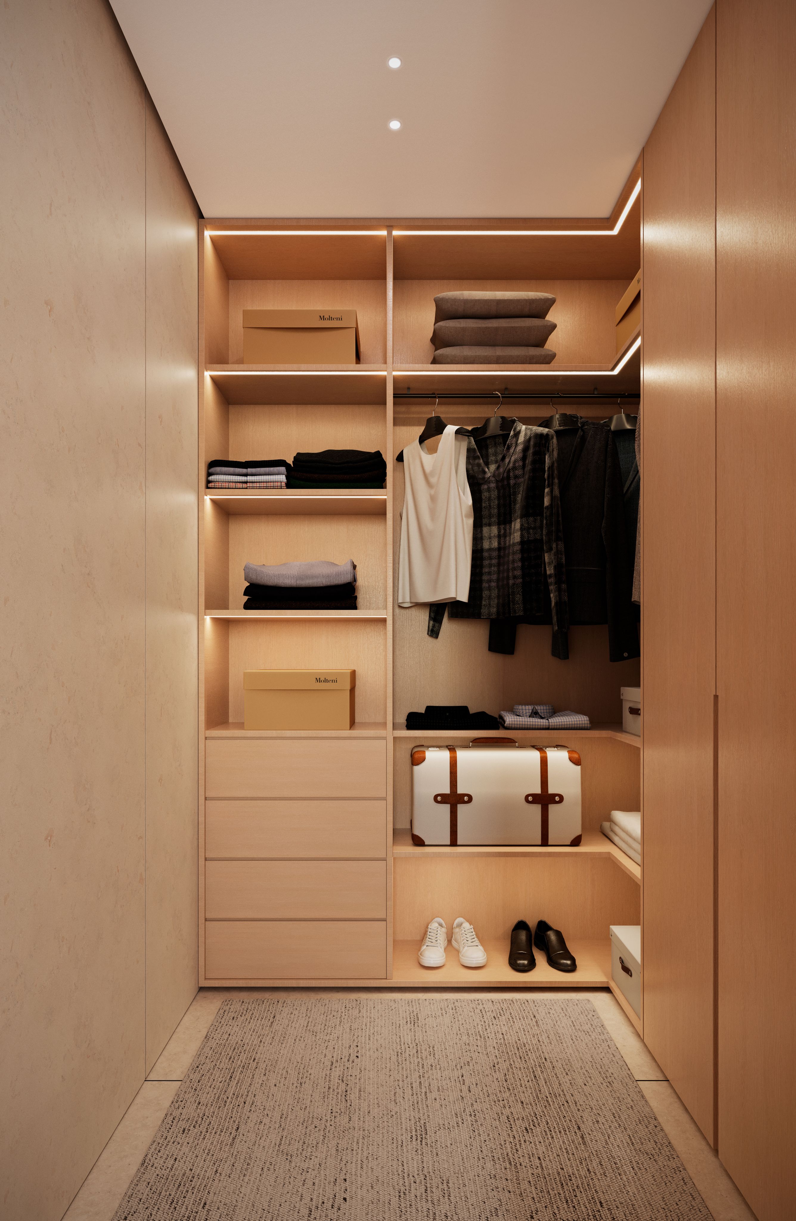 Render de un walk-in closet en madera cálida con repisas retroiluminadas, espacio para colgar ropa, cajones y un baúl vintage