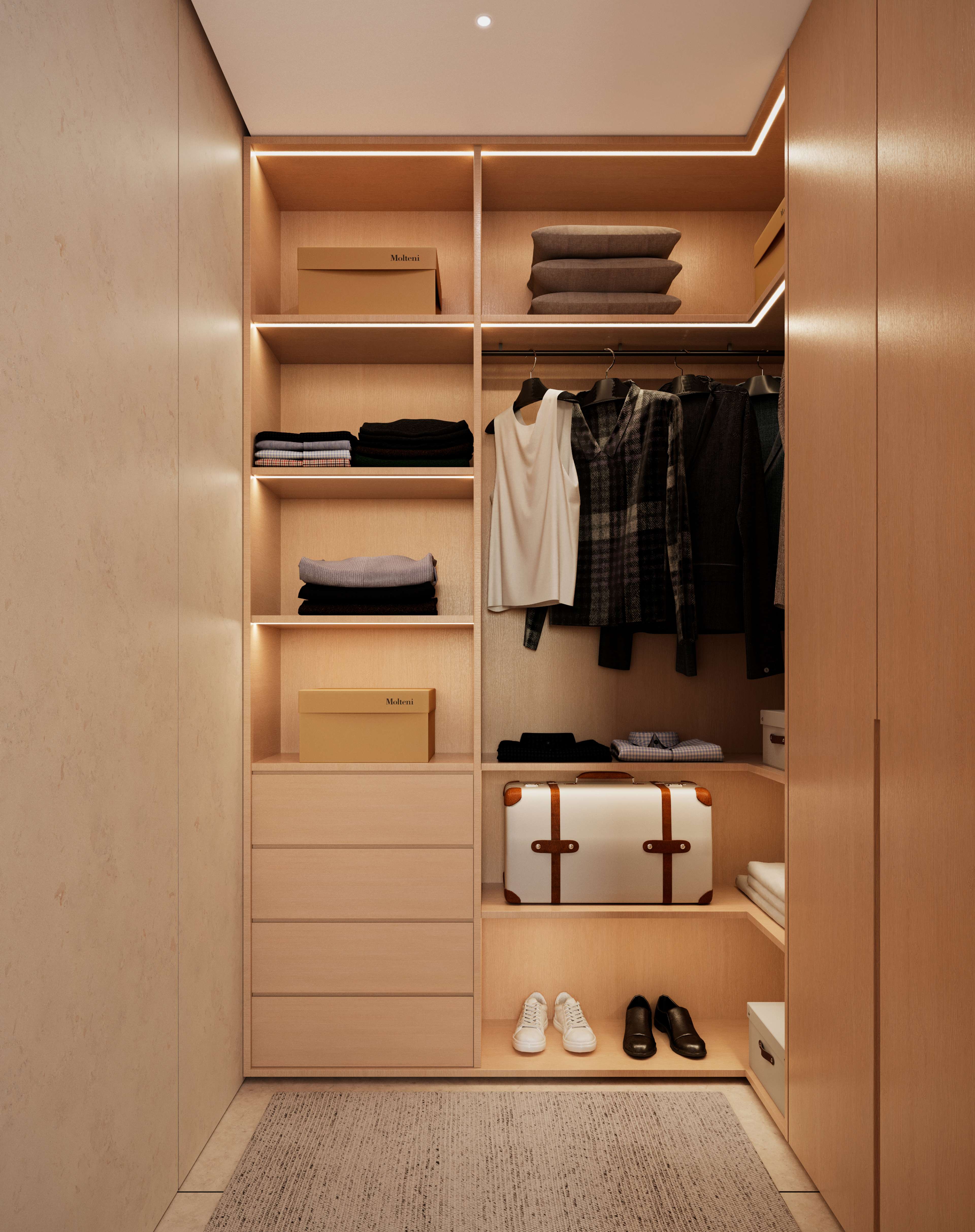 Render de un walk-in closet en madera cálida con repisas retroiluminadas, espacio para colgar ropa, cajones y un baúl vintage