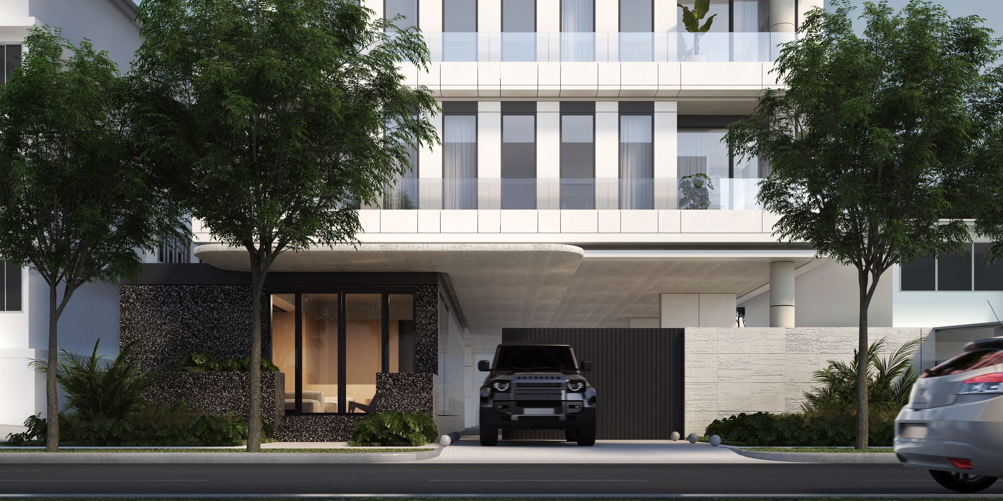 Render de la entrada en planta baja de Altana y el camino de acceso con portón entre dos árboles, con una camioneta SUV oscura estacionada en la puerta