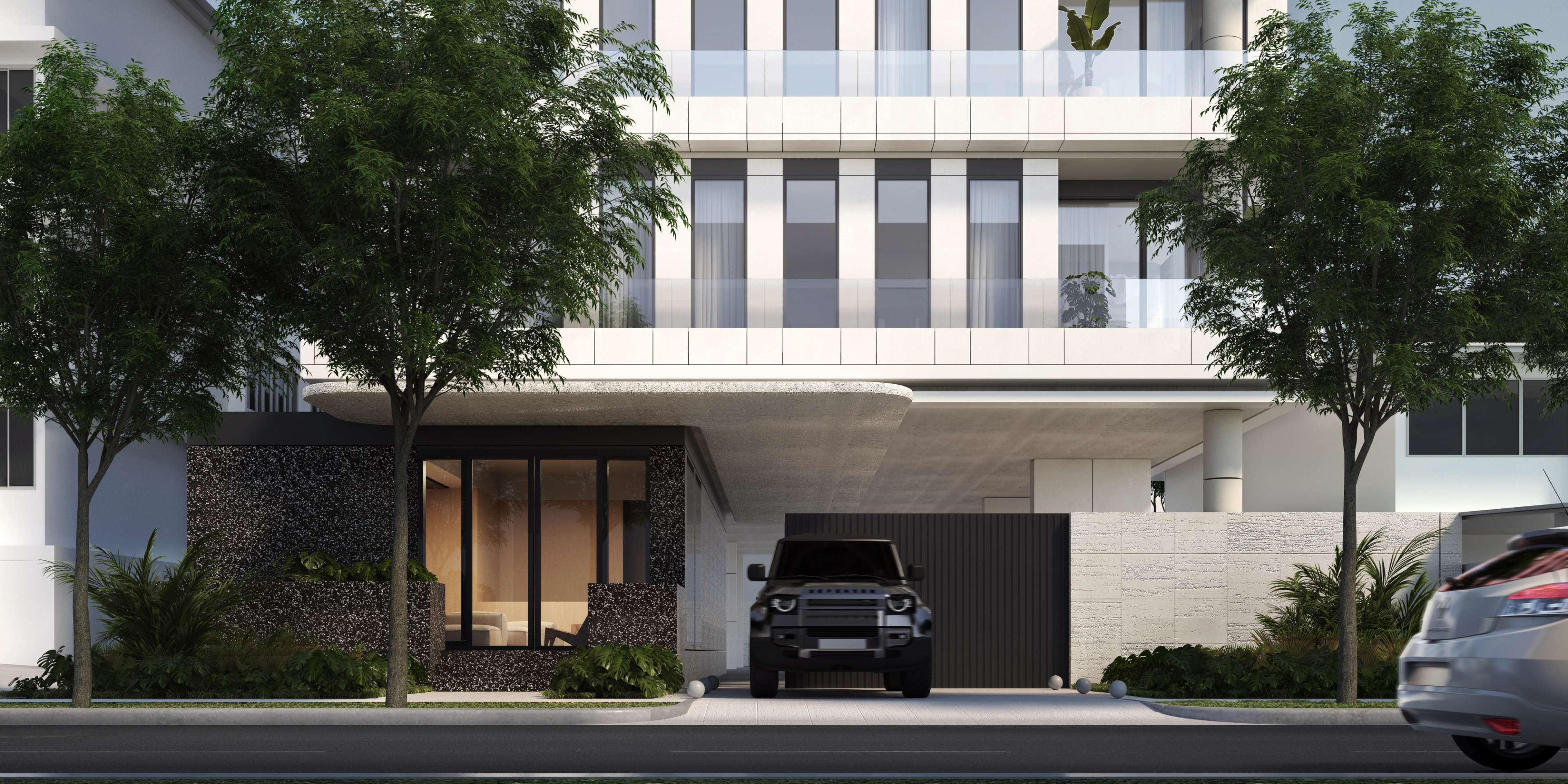 Render de la entrada en planta baja de Altana y el camino de acceso con portón entre dos árboles, con una camioneta SUV oscura estacionada en la puerta