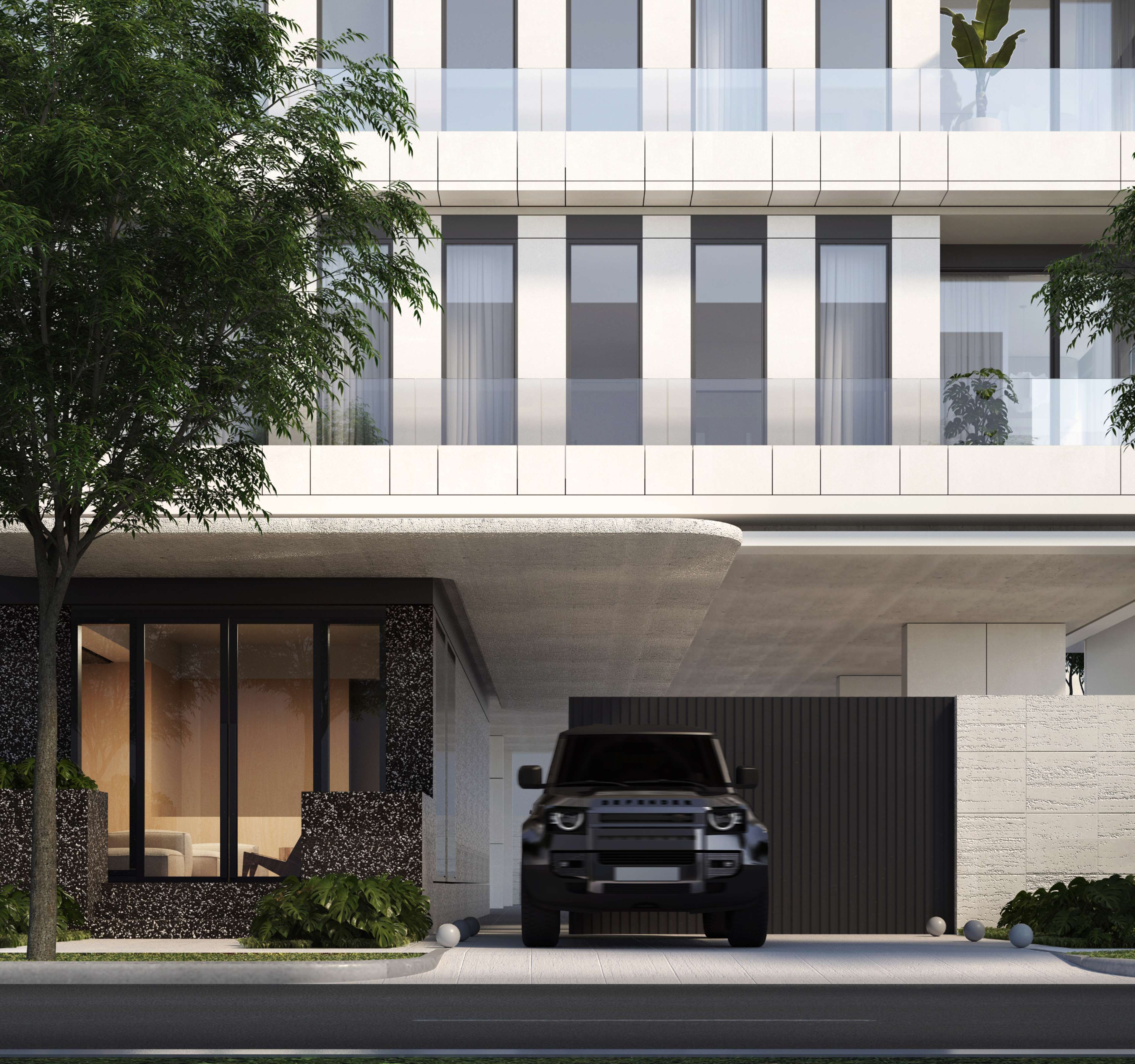 Render de la entrada en planta baja de Altana y el camino de acceso con portón entre dos árboles, con una camioneta SUV oscura estacionada en la puerta