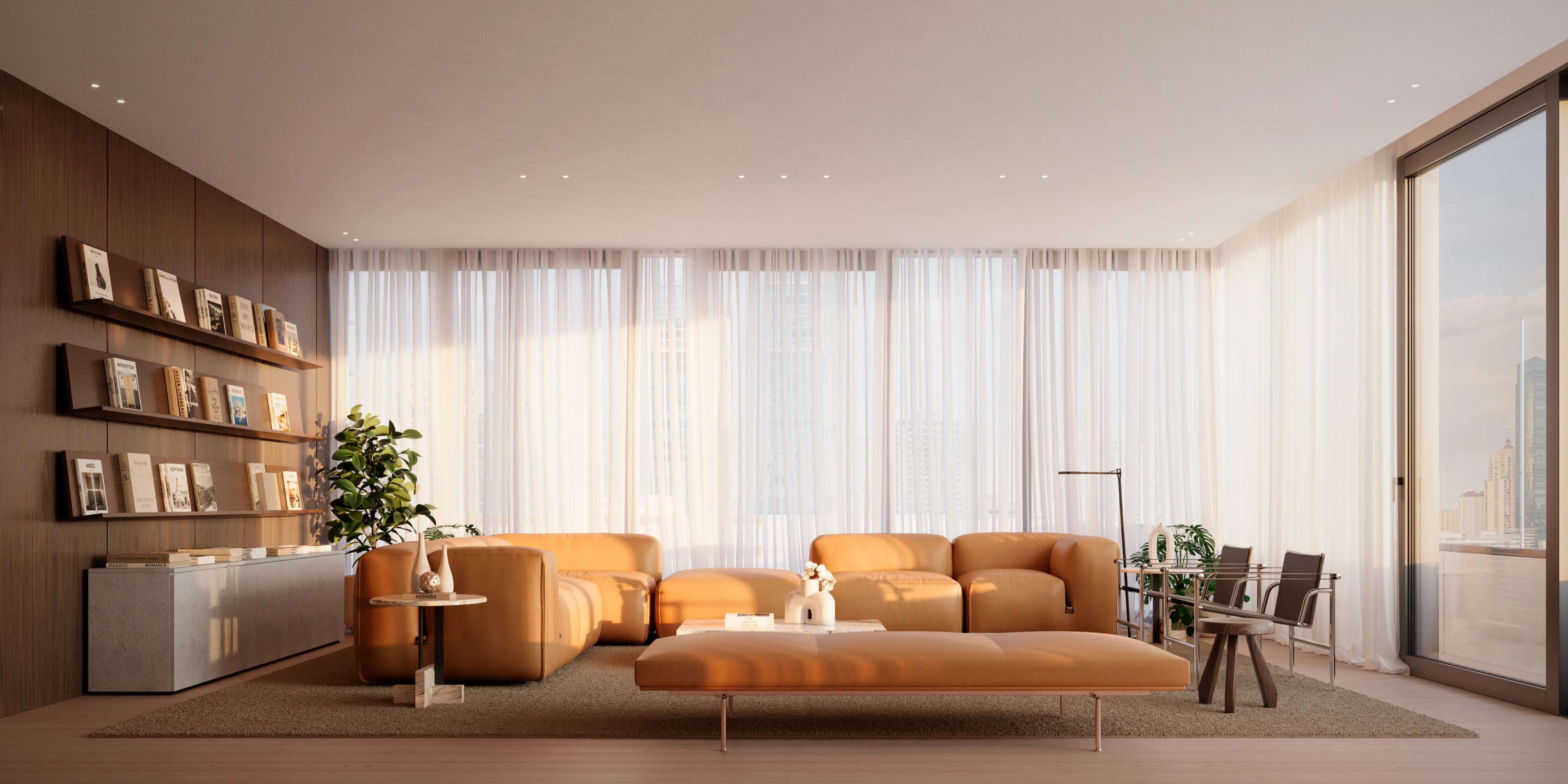 Render del lobby lounge de Altana con un sofá modular bajo, lámpara colgante lineal y un muro de madera oscura como elemento destacado