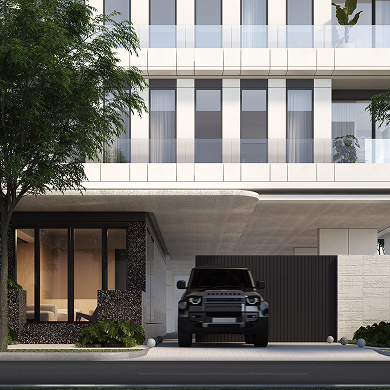 Render de la entrada en planta baja de Altana y el camino de acceso con portón entre dos árboles, con una camioneta SUV oscura estacionada en la puerta